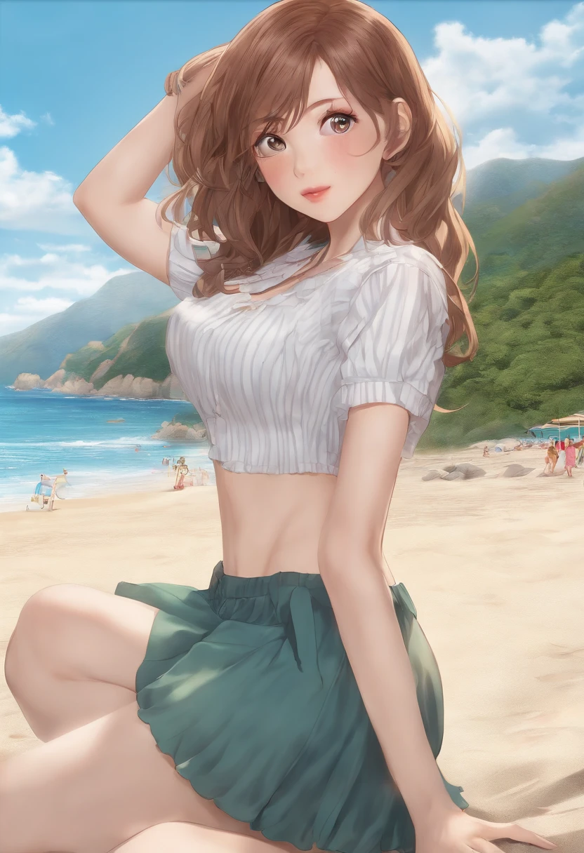 (best quality,4k,8k,highres,masterpiece:1.2),ultra-detailed,(realistic,photorealistic,photo-realistic:1.37),1girl,ochako uraraka,anime boku no hero,detailed eyes and face,beautiful detailed lips,long eyelashes,seios semi expostos,bunda enorme,praia,portraits,beach,anime style,soft pastel colors,natural sunlight.