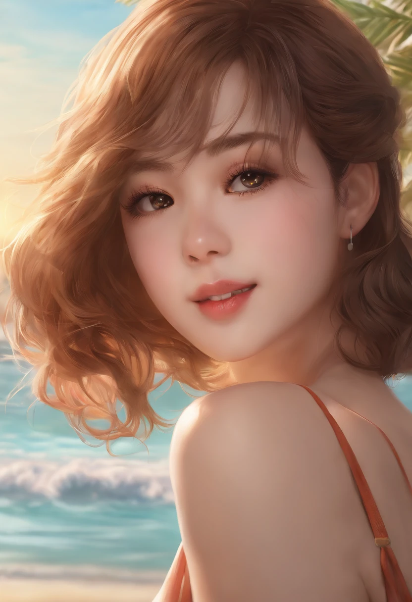 (best quality,4k,8k,highres,masterpiece:1.2),ultra-detailed,(realistic,photorealistic,photo-realistic:1.37),1girl,ochako uraraka,anime boku no hero,detailed eyes and face,beautiful detailed lips,long eyelashes,seios semi expostos,bunda enorme,praia,portraits,beach,anime style,soft pastel colors,natural sunlight.