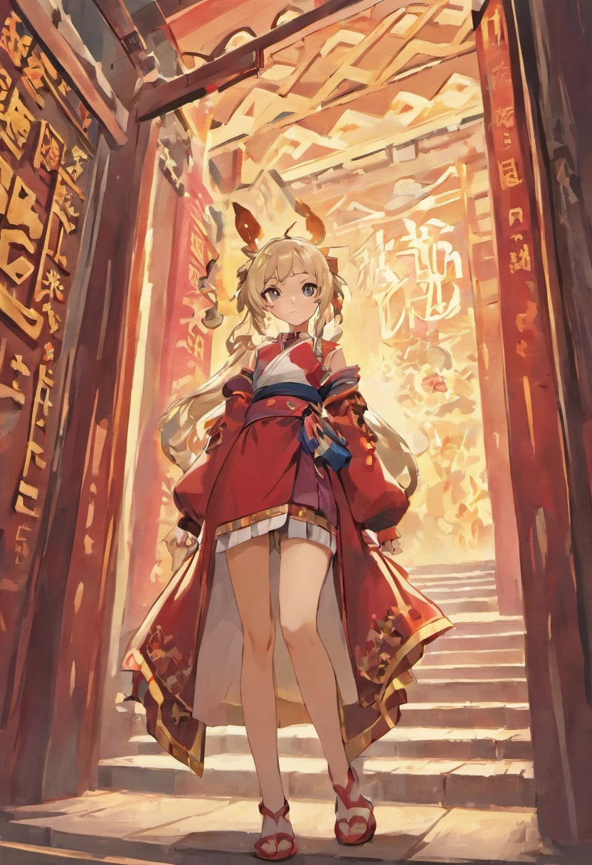 Masterpiece , Best quality,teens girl,High ponytail,Small breast,Tall and tall,Beautiful side face,White shirt black slacks,Standing in front of the Taoist Temple Zhu Gate on the mountain,The Taoist Temple is engraved with the three characters of Trinity Temple。Behind the maiden are three thousand white steps