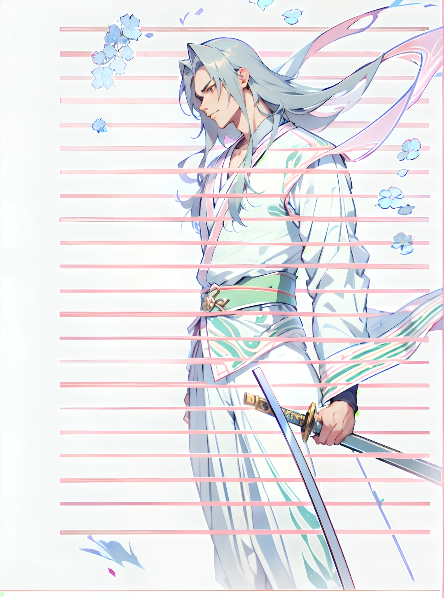 A young man with long hair, half-black and half-white long hair, sharp eyes, a confident expression, a heroic countenance, he wears a flowing two-piece martial arts-style robe, matching loose trousers, holding a slender sword in his left hand, the night sky, standing amidst a snowy mountain landscape, snowflakes falling all around, this character embodies a finely crafted Chinese swordsman design in anime style, characterized by a sophisticated and mature manga illustration art style, high definition, best quality, highres, ultra-detailed, ultra-fine painting, extremely delicate, professional, anatomically correct, symmetrical face, extremely detailed eyes and face, high quality eyes, creativity, RAW photo, UHD, 8k, Natural light, cinematic lighting, masterpiece:1.5