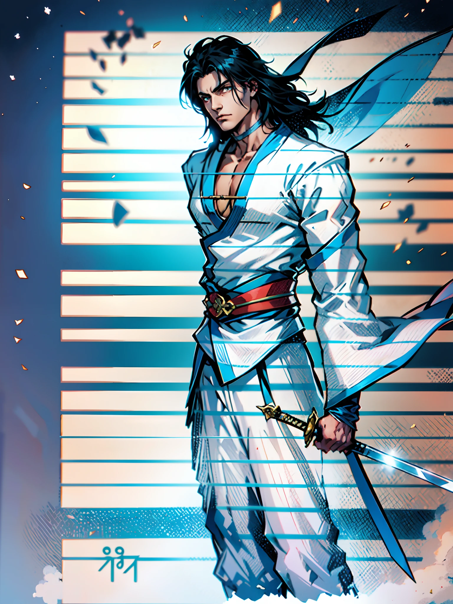 A young man with long hair, half-black and half-white long hair, sharp eyes, a confident expression, a heroic countenance, he wears a flowing two-piece martial arts-style robe, matching loose trousers, holding a slender sword in his left hand, the night sky, standing amidst a snowy mountain landscape, snowflakes falling all around, this character embodies a finely crafted Chinese swordsman design in anime style, characterized by a sophisticated and mature manga illustration art style, high definition, best quality, highres, ultra-detailed, ultra-fine painting, extremely delicate, professional, anatomically correct, symmetrical face, extremely detailed eyes and face, high quality eyes, creativity, RAW photo, UHD, 8k, Natural light, cinematic lighting, masterpiece:1.5