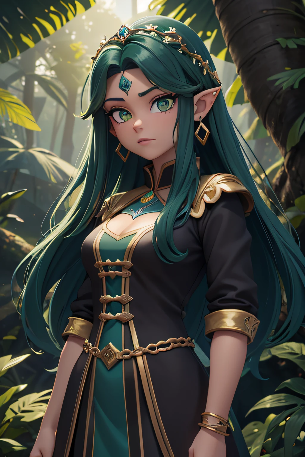 greenish skin (melhor qualidade, Alto, ultra-detalhado:1.2), Full green Child goblin Skin color green detailed,Detailed face of a beautiful feminine green with sharp strokes,olhos intensos e detalhados,nariz afiado,Detailed lips,rosto largo, pele verde,cor da pele verde rica,tom de pele verde esmeralda,cor da pele verde luminosa, roupas nobres,Traje ricamente decorado,vestes reais,Capa de seda extravagante,joias ornamentadas,Coroa elaborada,Uniforme Real, Well-groomed nails with intricate patterns,piercings e ornamentos nas orelhas,dentes afiados,fierce expression,postura confiante, mystical forest background,Cena da Floresta Encantada,magical ambiance,Ethereal forest with bright plants,nevoeiro misterioso,noite de luar, vivid colors,rica paleta de tons quentes,Sombras e aprimoramentos contrastantes,sombras profundas para um olhar intenso,Rich color saturation, soft lighting,luz sutil e quente,sunlight filtering through the trees,Destaque no rosto do duende,jogo de luz e sombra, Artistic portrait,arte conceitual do personagem de fantasia,Highly detailed fantasy illustration,cinematic quality,photorealistic render,arte cativante.