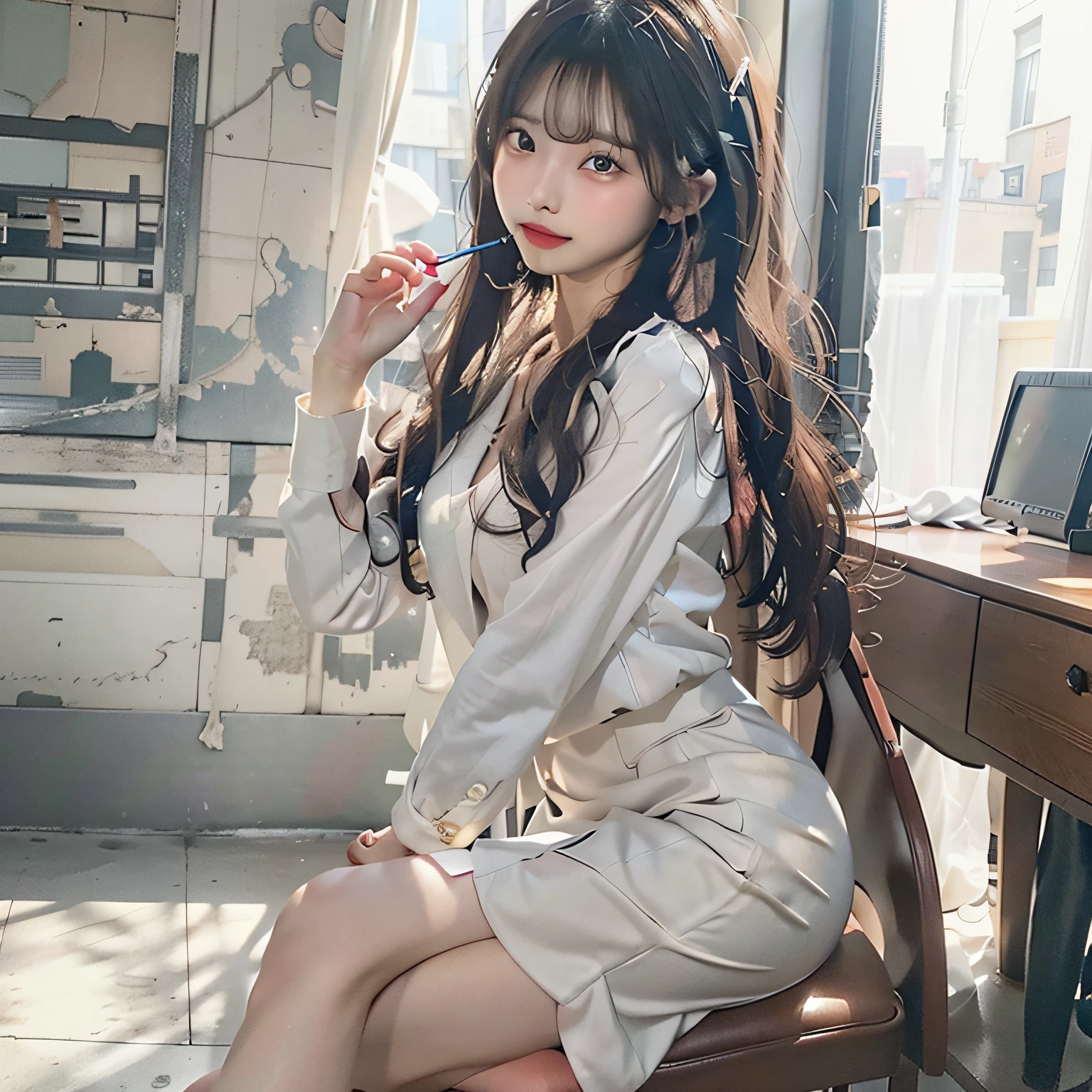 of the highest quality、Photorealsitic:1.4、Raw photography、超A high resolution:1.4、Top image quality: 1.4、absurderes, masutepiece, ultra-detailliert、A hyper-realistic,1girl in 、japanaese girl、perfect anatomia、22year old、Height 1.7 m、(((small and round face:1.2)))、Long reddish-brown hair with waving tips、eyebrows of the same color、kiss、(((Sareme:1.2)))、Sexy thick lips:1.1、Beautiful teeth alignment、((slenderbody)), ((Smaller chest))、(small ass:1.2)、skinny thigh:1.2、long legged:1.3、Woman with perfect style、Elegant and beautiful secretary、(((Black business suit、Black tailored jacket)))、(((Black Maxi Pencil Skirt:1.3、Front slit)))、Black enamel high heel with pink sole、Sparkling Silk Camisole、White sheer blouse shirt with sexy open breasts、Officelady、Sitting at a desk、Crossing legs as if inviting a man、Have a document、Yuki's face、Light blue nails、FULL BODYSHOT、Best Movie Lighting、