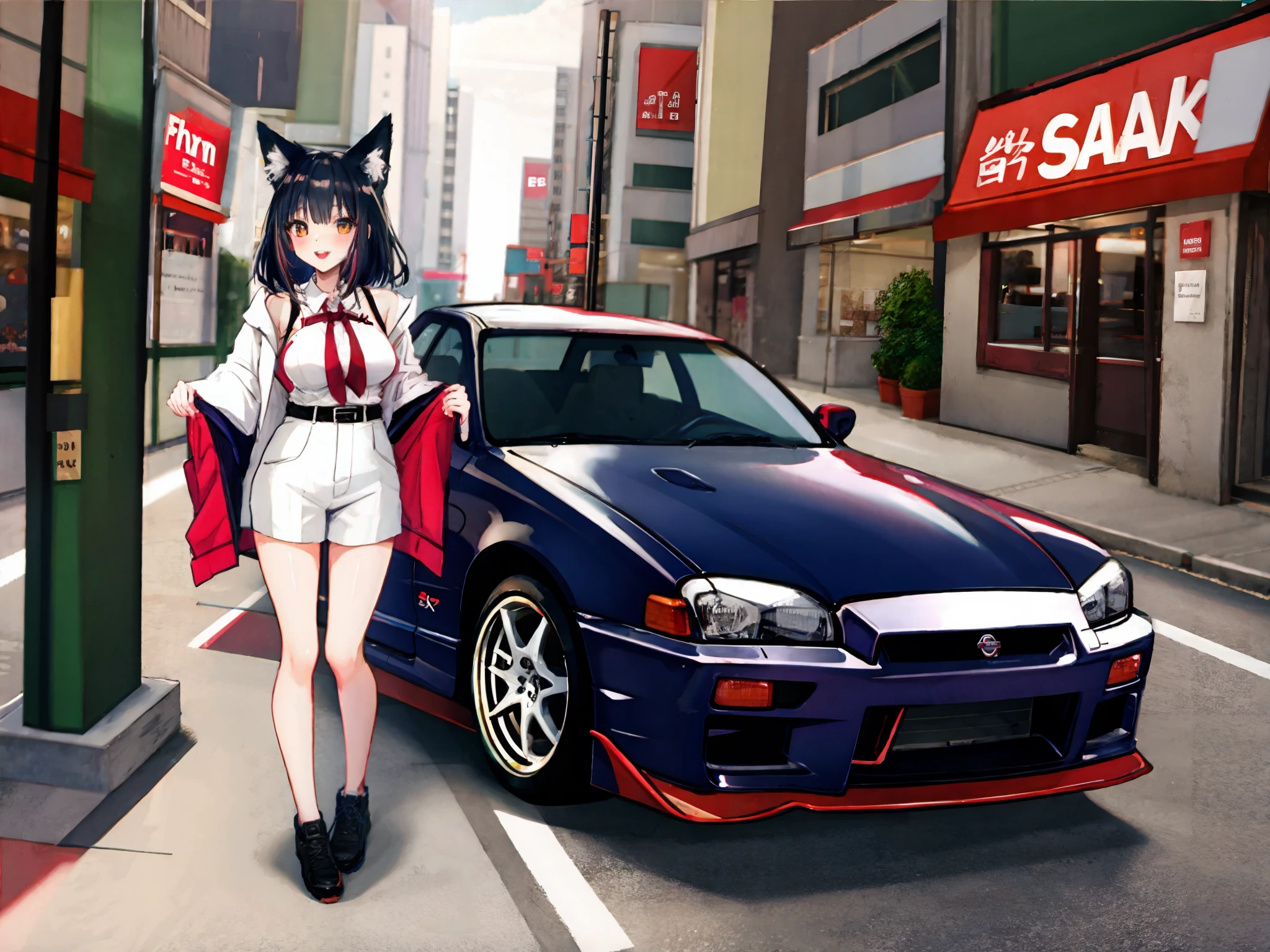 fox girl, sexy, full body, nissan skyline, full vehicle