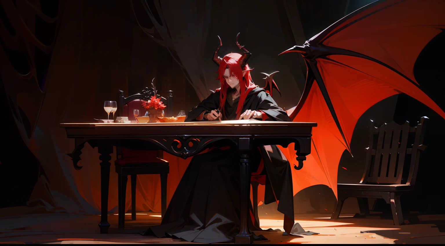 of a guy,black-clad,Red-haired demon,large tall,Handsome,There is a pair of dragon wings on the back,There is a pair of dragon horns on the head,Stay in the cave,The cave is beautifully dressed,Bedrooms,There are beds, tables and chairs,Western fantasy,Fairytales,Works of masters,A high resolution