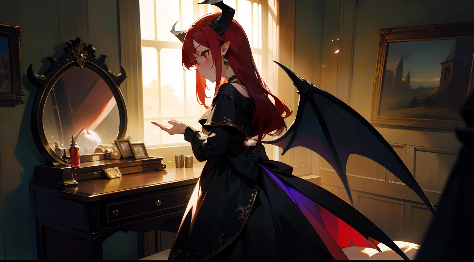 one-girl,black-clad,Red-haired demon,There is a pair of dragon wings on the back,There is a pair of dragon horns on the head,There is a dresser next to it,There are a lot of jewelry pieces on it,vanity table,There are a lot of jewelry pieces on it,vanity table,There are a lot of jewelry pieces on it,Stand in the small attic of the bell tower,Bedrooms,blossoms,the night,It was pitch black,Western fantasy,Fairytales,Works of masters,A high resolution