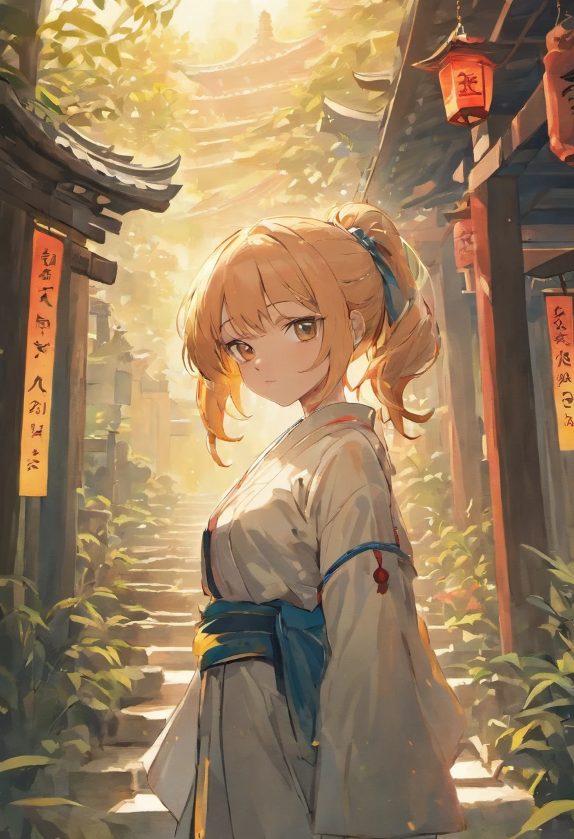 Masterpiece , Best quality,teens girl，High ponytail，Small breast，Tall and tall，Beautiful side face，White shirt Black slacks，Standing in front of the Taoist temple bamboo gate on the mountain，The Taoist Temple is engraved with the three characters of Trinity Temple。Behind the maiden were three thousand white steps，Urban style