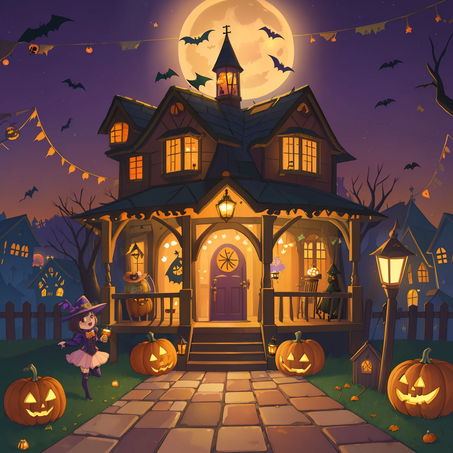 (Best Quality, High quality:1.3), nffsw, Dramatic Lighting, Highly detailed, Bokeh, Halloween Costumes, Trick or Treat, Midnight, haunted house, Pumpkin lamp, fullmoon, Porch Floor Halloween Invitations,