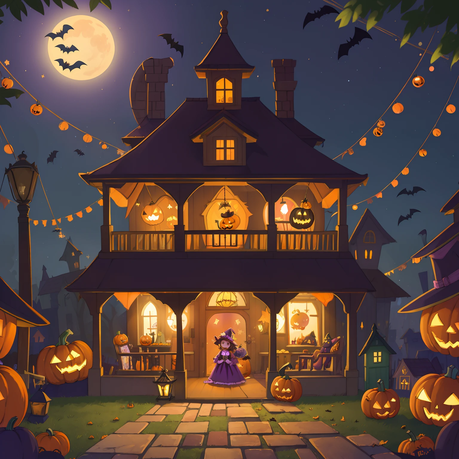 (Best Quality, High quality:1.3), nffsw, Dramatic Lighting, Highly detailed, Bokeh, Halloween Costumes, Trick or Treat, Midnight, haunted house, Pumpkin lamp, fullmoon, Porch Floor Halloween Invitations,