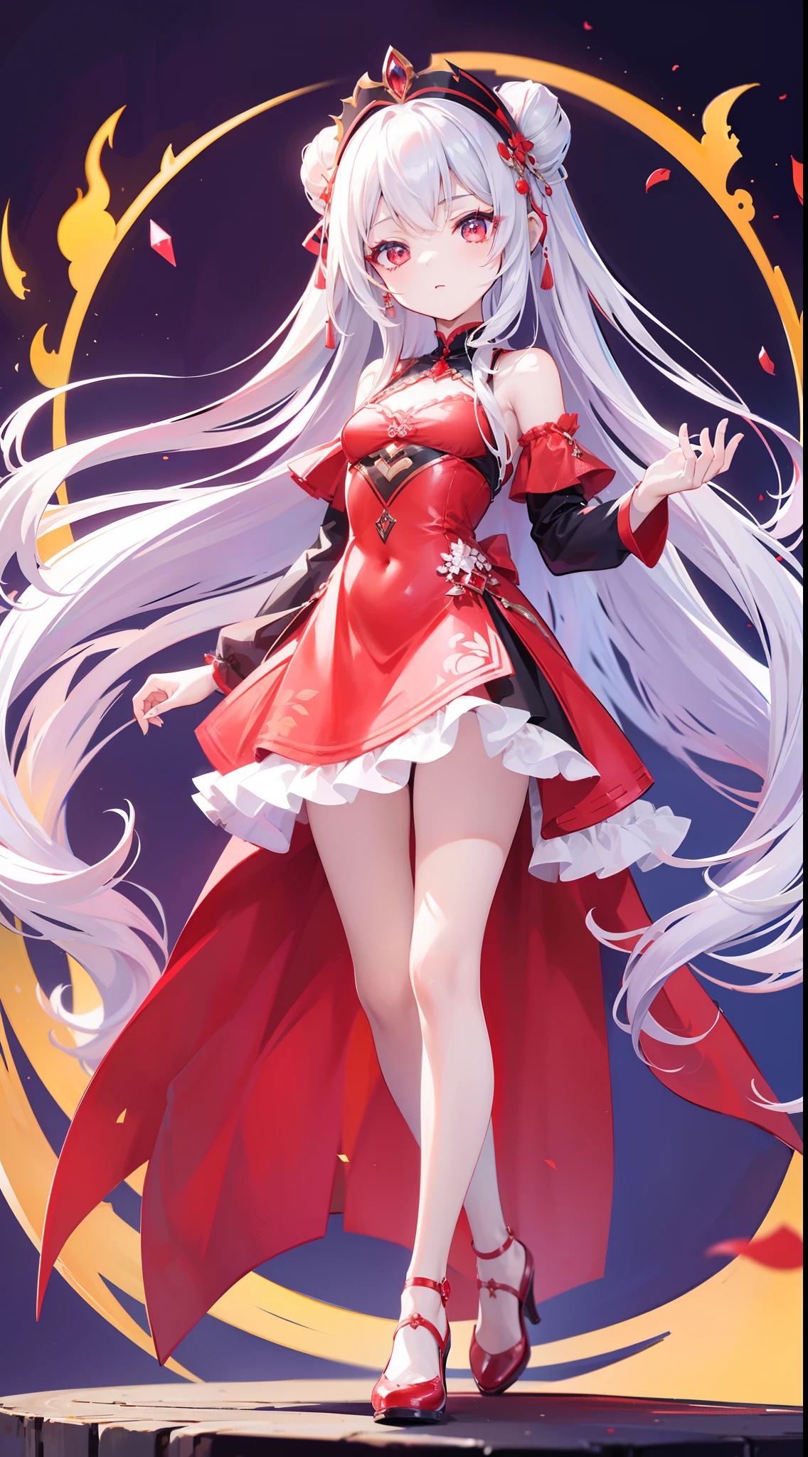 A beautiful and charismatic loli character，Her appearance is very eye-catching。Has long silky hair，And a pair of big bright eyes，Her face is delicate，It gives a gentle and elegant feeling。Additionally，Hellfire background，Fire red dress，thedemongirl，Hellfire，Dark style，Small leather shoes，The design of this dress is very beautiful，Also suitable for her figure。