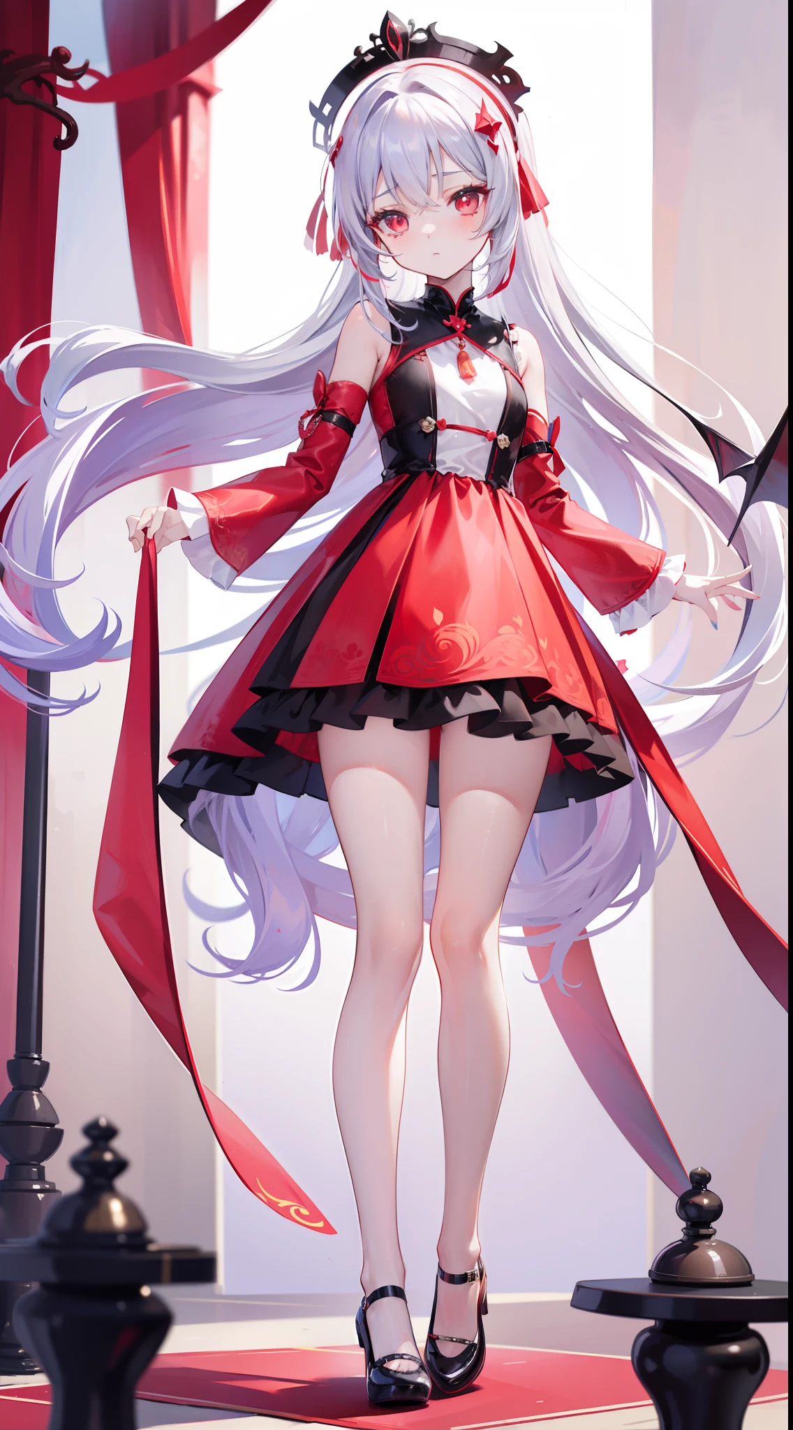 A beautiful and charismatic character,Her appearance is very eye-catching。Has long silky hair,And a pair of big bright eyes,Her face is delicate,It gives a gentle and elegant feeling。Additionally,Hellfire background,Fire red dress,thedemongirl,Hellfire,Dark style,Small leather shoes,The design of this dress is very beautiful,Also suitable for her figure。