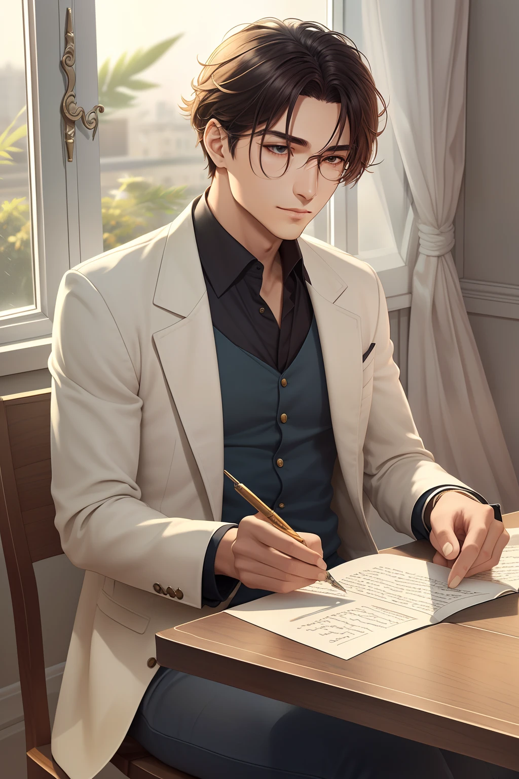 Description: masculine personality embodies a fusion of wisdom and youthFeatures: Her look is a mix of classic and contemporary elementsSetting: Sitting at a polished wooden table, soft afternoon light filtering through the windowAction: The quill glides smoothly over the paper, recording words that evoke old memories --auto --s2