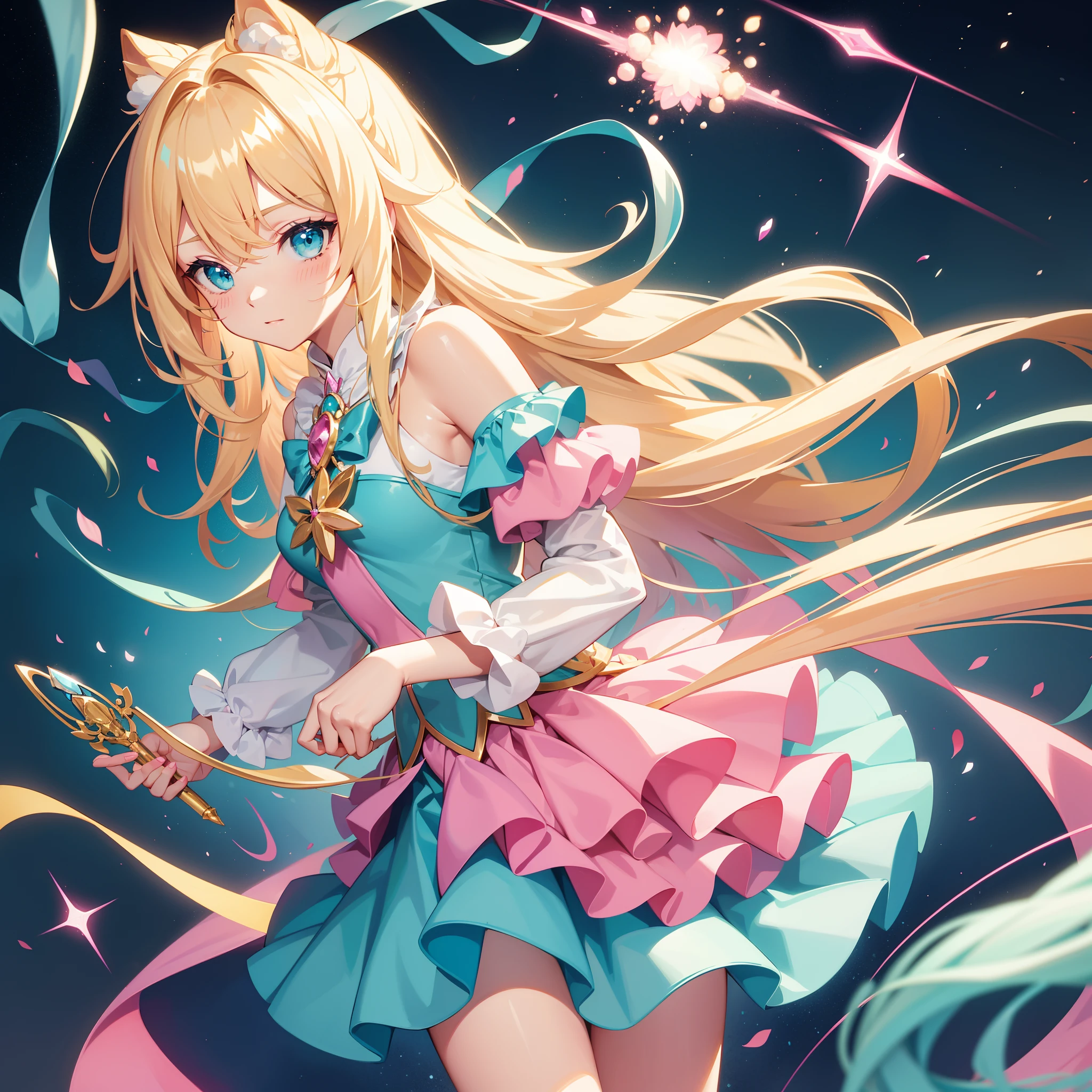 Long blonde hair,Turquoise eyes,Pink magical girl dress,Magic wand,Magic,Shyly pressed her own upturned skirt with her hand