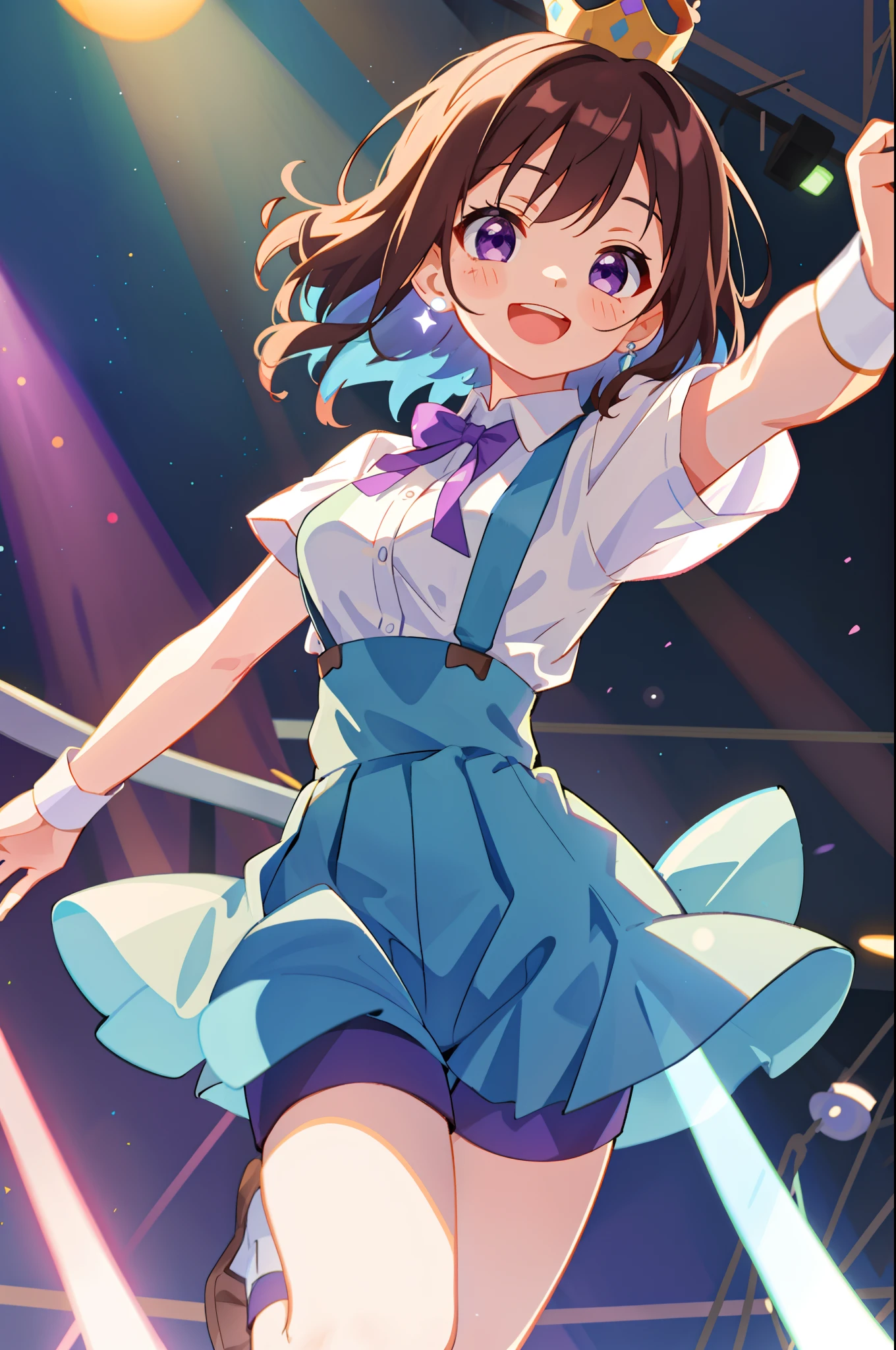 1girll, Suspenders, Open mouth, Solo, Purple eyes, Smile, heartthrob, Shorts, crown, view the viewer, White shirt, tiese, bow, Wrist cuffs, shirt, Brown hair, light stick, :D, Blue hair, Mini crown, Short sleeves, ribbon, outstretched arm, Suspender shorts,stage light, hair adornments, Medium breasts, Medium hair, Breasts, bangs, Stage, microphones, jewelry