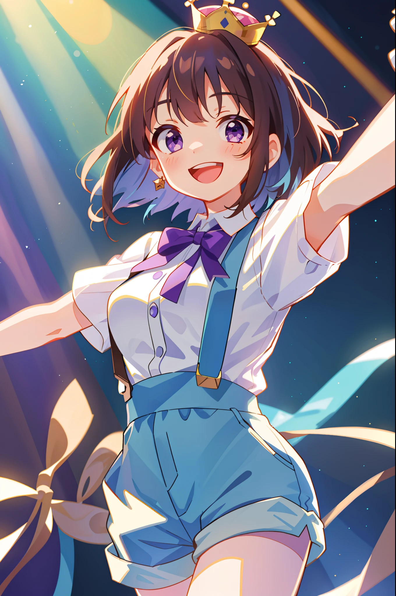 1girll, Suspenders, Open mouth, Solo, Purple eyes, Smile, heartthrob, Shorts, crown, view the viewer, White shirt, tiese, bow, Wrist cuffs, shirt, Brown hair, light stick, :D, Blue hair, Mini crown, Short sleeves, ribbon, outstretched arm, Suspender shorts,stage light, hair adornments, Medium breasts, Medium hair, Breasts, bangs, Stage, microphones, jewelry