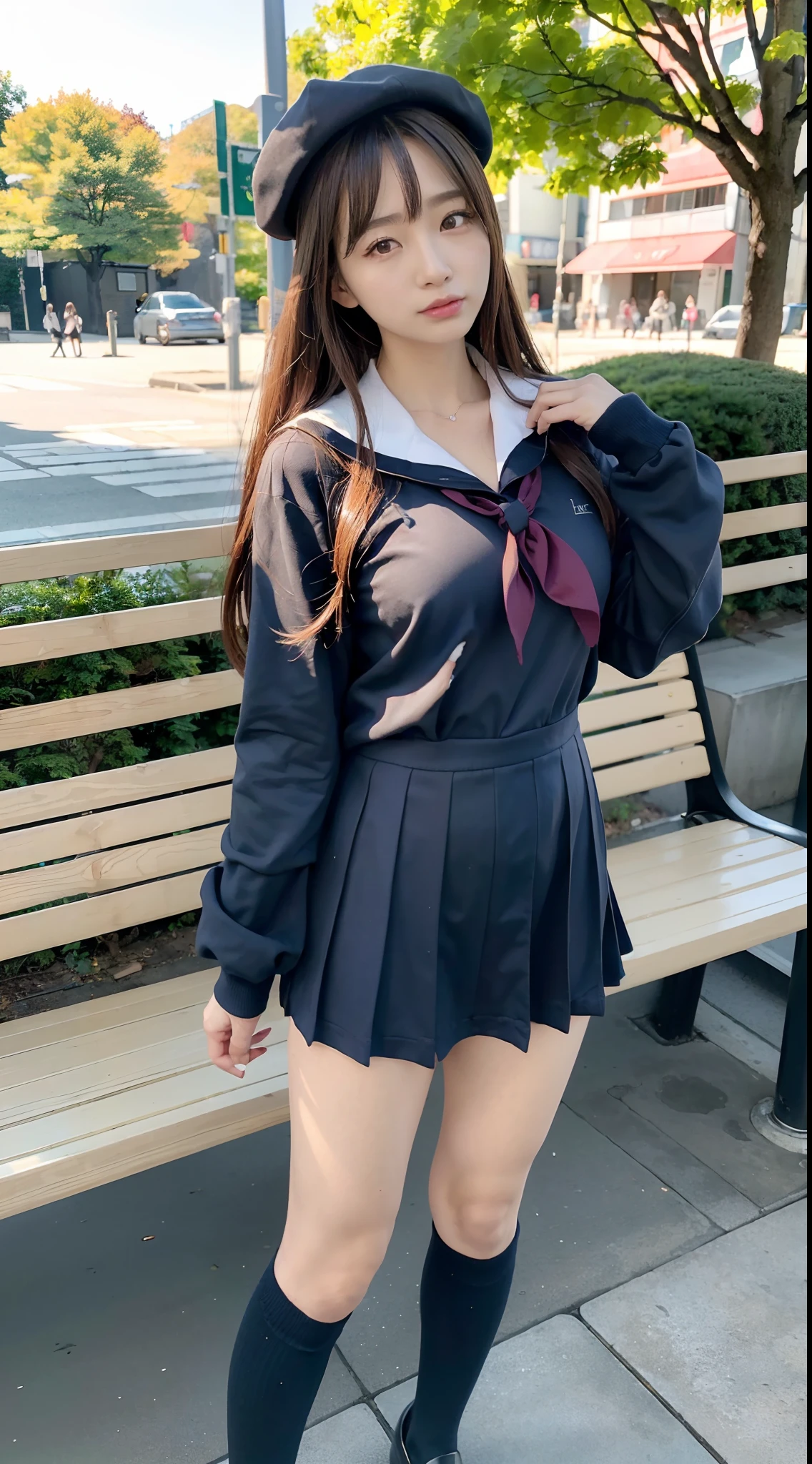 mix4, (16 K, Raw photography, Top image quality, masterpiece: 1.45), (realisitic, Photorealsitic: 1.37), one girls, 7.5, etc、Standing figure,Noon time slot、cute little, A city scape,, profetional lighting, photon maping, Cityscape with street trees, physically-based renderingt, Gradient dark brown hair,, a handsome, Well-groomed and beautiful eyes、Large double eyelids、Very shiny、girl with, (((student clothes、Long sleeve sailor suit worn by Japan girl、red cuffs、Dark blue mini skirt, Small gray beret、Dark blue knee-high socks、Black loafers))), Top Quality Photos, hight resolution, 1080p, (clearface), (Detailed face description), (Detailed hand description), (masterpiece), (Exquisite CG)、extreme light and shadows、dishevled hair、master work、abundant detail、(Fine facial features)、(top quality photo)、(masuter piece)、(A detailed eye)、Look in front of you、Fine clavicle、((Slender big))、(((Japan schooln long-sleeved sailor suit)))、((Ready Idol System))、((Boulevard with street trees、Bus stop、timetable、Benches))、(Shooting from random perspectives)、(((Anyway cute)))、耳Nipple Ring、A big smile、Drawing the whole body from the knees、Do not draw nasolabial folds、(((Long-sleeved sailor suit)))、(Big breasts that hang down big:0.9)、Big buttocks with tension、Two arms and two legs、(((from the front side:0.5)))、bare hand、No mask