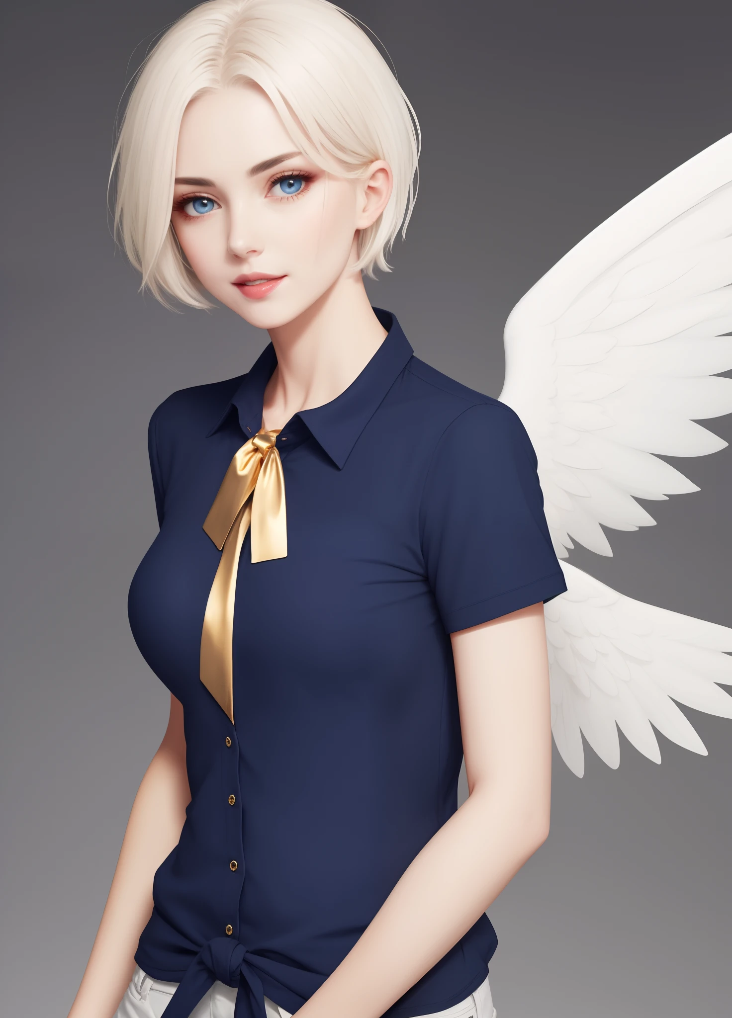 White short hair, gold eye, blue wings, cute face, hot body, black tied shirt, a mature girl