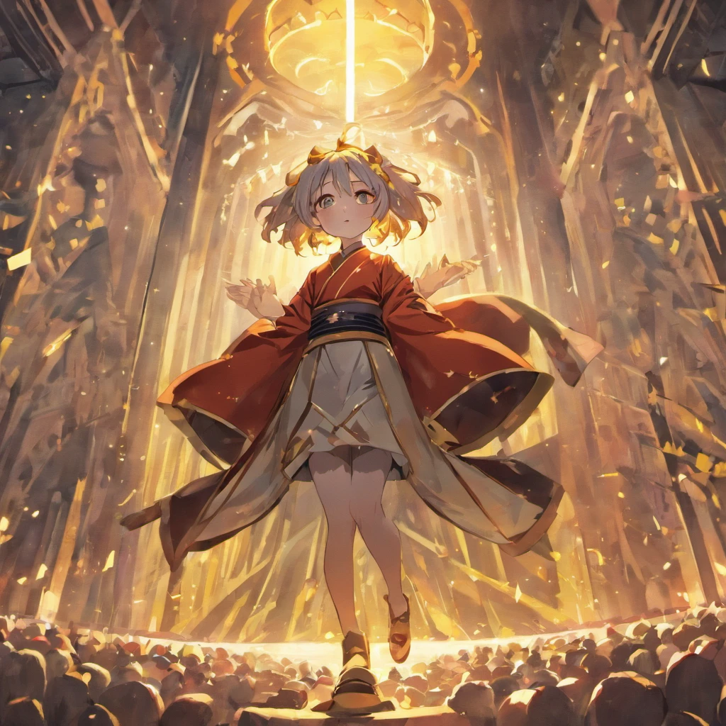 Masterpiece , Best quality，crowd of，kneels on the ground，low head，DOA，All dressed in gray robes，In front of them was a man surrounded by golden light