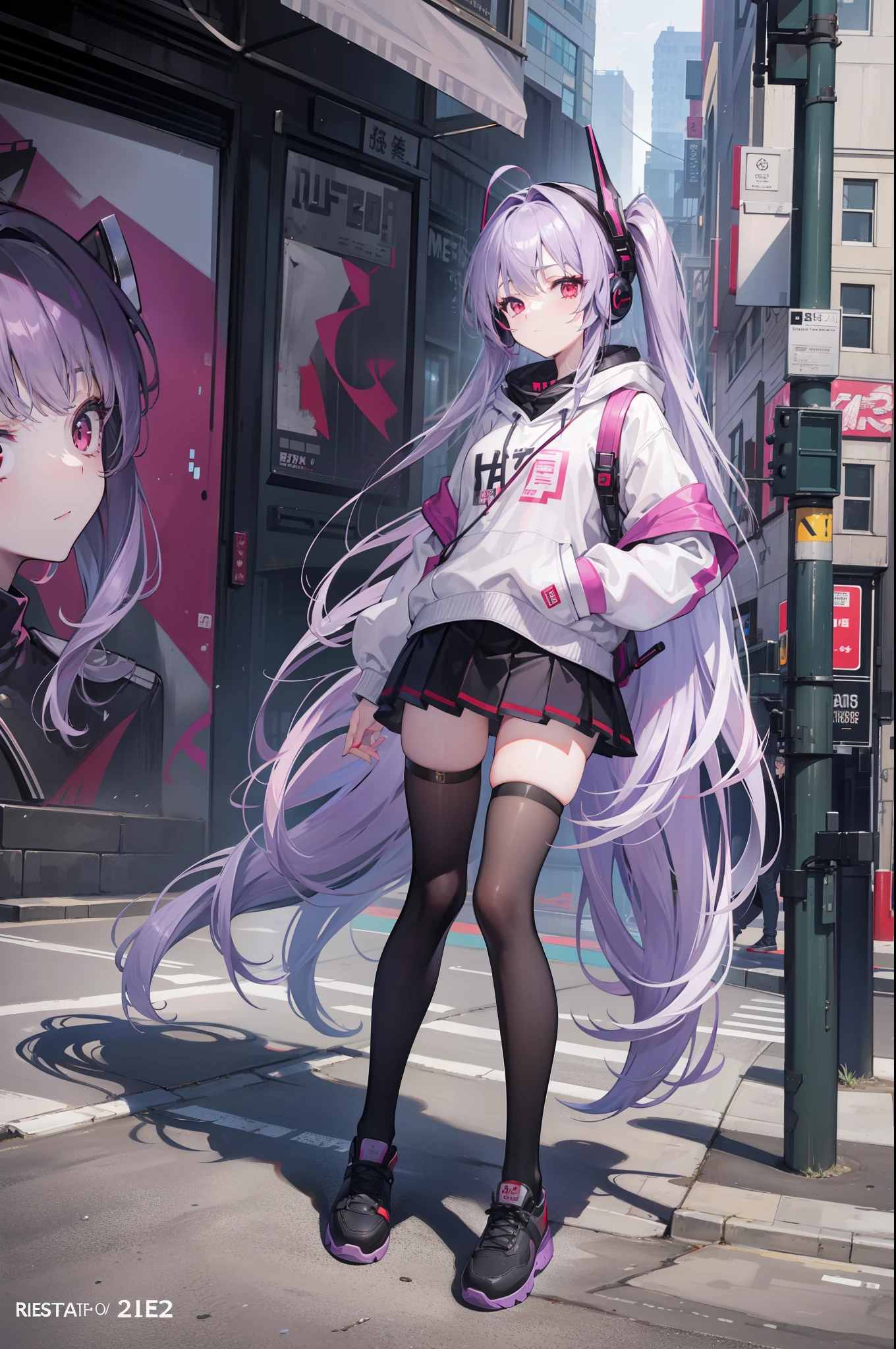 4k画质，Highest high resolution，Gray-purple bangs，Red eyes，20yr old，woman，Graffiti walls，big headphone，wide wide shot，street corner，short  skirt，blackstockings