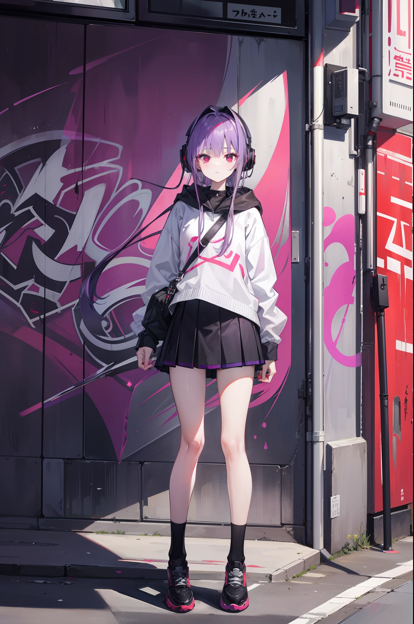 4k画质,Highest high resolution,Gray-purple bangs,Red eyes,20yr old,woman,Graffiti walls,big headphone,wide wide shot,street corner,short skirt,blackstockings