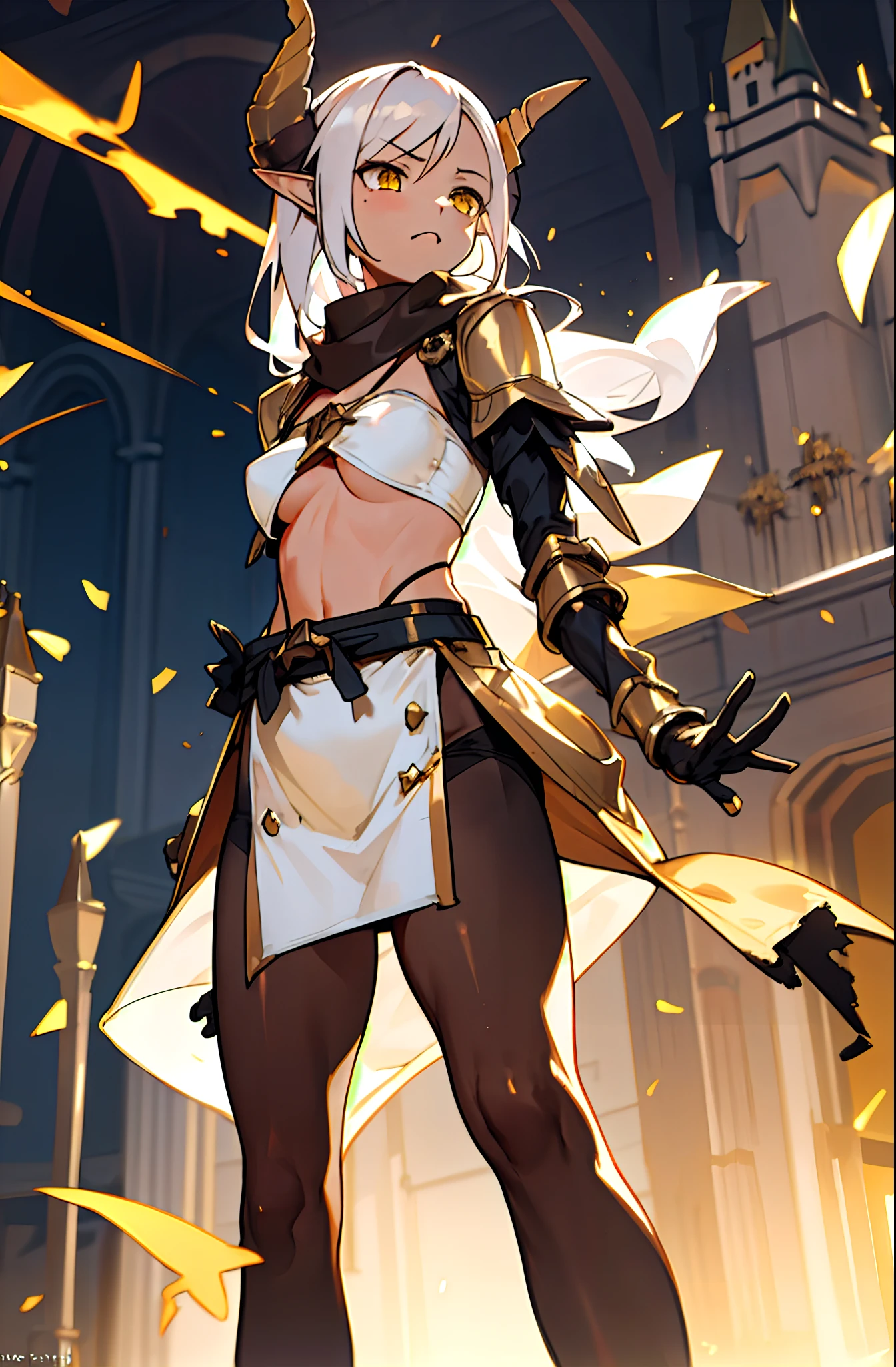 girl, tall,brown skin, hidden arms,long hair, white hair, detailed pretty eyes, yellow eyes,angry face, evil smile, medium boobs, white small shirt, mid waist, ripped abdomen, medium thighs, small gold armor outfit, long black stockings, detailed clothes, masterpiece, hyper realistic, high definition,black horns,black pantyhose,elves ears,yellow scarf,lightning surrounding, glistening sparks,,(((standing inside of a castle)))