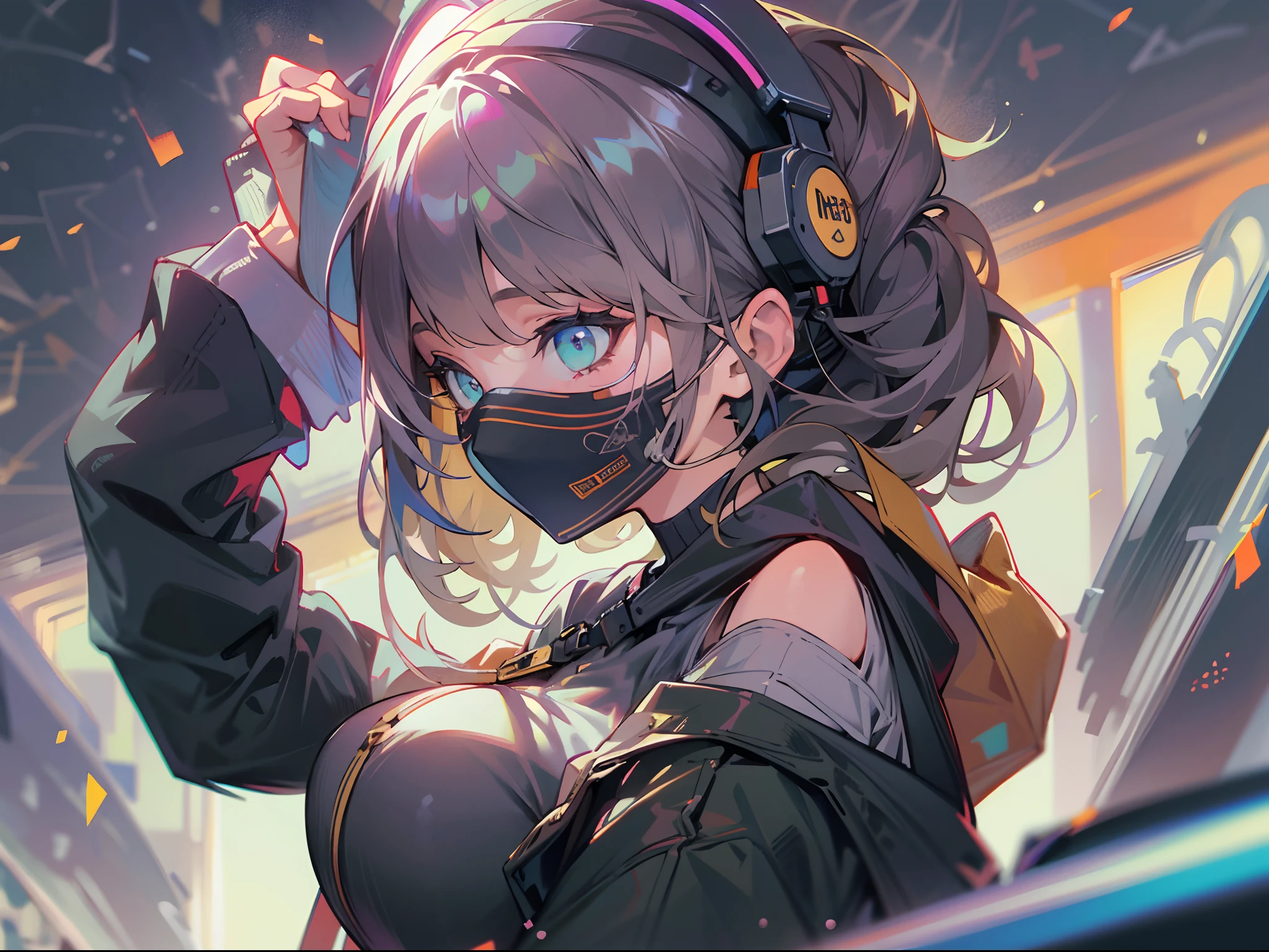 ((Best quality, 8K, Masterpiece: 1.4)),((Amazing detail: 1.3)),((illustration, Hairstyle Casual: 1.2)),((high resolution: 1.1)), 1girll, masked, headset on head, Tactical coat, Fashionab, Soft light, Colorful, Turn Back, anime big breast, Depth of field, Cinematic lighting, From below, Anatomically correct, Amazing art of painting,