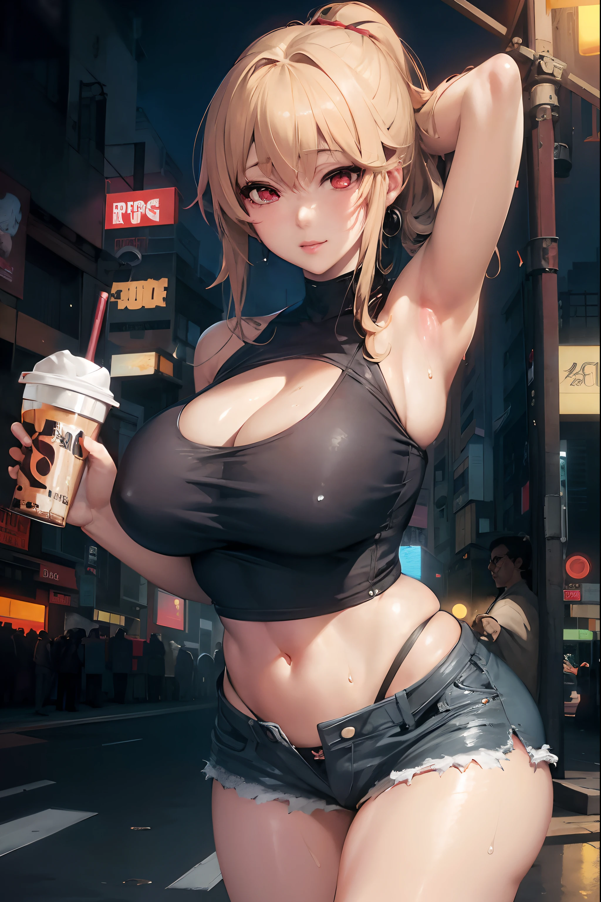 Anime girl with a cup of coffee in the middle of the street, seductora chica de anime, anime girl drinks energy drink, Guweiz, Oppai cyberpunk, Obras de arte al estilo de Guweiz, Guweiz en Artstation Pixiv, Estilo anime 4K, Fondo de pantalla de anime 4k, Guweiz en Pixiv Artstation, Atractiva chica de anime
