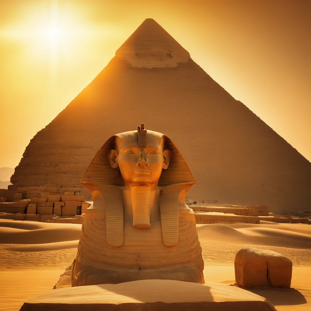 Pharaoh Nehemiah, segurando um menino noem seu colo dormindo,Ancient Egyptian king,grande e majestoso,Coroa de Ouro Superior,esculturas detalhadas e intrincadas,olhos de esmeralda,postura orgulhosa e imponente,colar ornamental elaborado,vestes ricamente adornadas,joias de ouro cintilantes,in front of the Great Pyramid,cercado por dunas de areia do deserto,Majestic sunset casting a warm golden glow,bright rays of light illuminating the figure of Pharaoh Nehemiah,criando um senso de divindade e poder,(best quality,4k,8k,Altas,master part:1.2),ultra-detalhado,Realistic,retrato,cores ricas e vibrantes,evoking the opulence and grandeur of ancient Egypt.