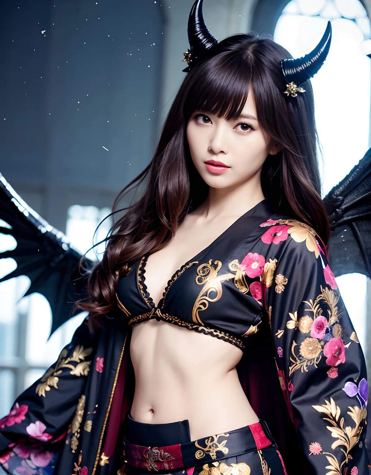 ((White ghost flies)),Professional , ​masterpiece、top-quality、photos realistic , depth of fields 、（Various poses）、(Background of cherry blossoms in full bloom),（Ultimate Beauty）、（A dark-haired）、（Fight ninjas)、Mystical expression、（Kimono with scary pattern）、（Night background）、（（Devil's Wings Grow））,(Wear a kimono with a horror pattern),Armpit、（Wearing a beautiful kimono with colorful scary patterns）、Jewel Gold Weapon、Particles of light),（Has a devil's mask）、Gorgeous gold weapons ,Skeleton population、（（ Gorgeous Dragon Sword）） , （a dark night）,,（White ghost flies） 、（（Black Haired Beautiful Girl））、（Castle background）、（demonic wings）、（（Gangle's forest background））、Beautiful Caucasian beauty、１a person、dynamic ungle,(((Two devil's horns on the head)))、Smaller head、Idle Smile、Thin and beautiful female hands、Mystical expression、Light Effects、intense fighting、Wind-effect、magic circles、With the legendary magic wand、Dragon's tail、