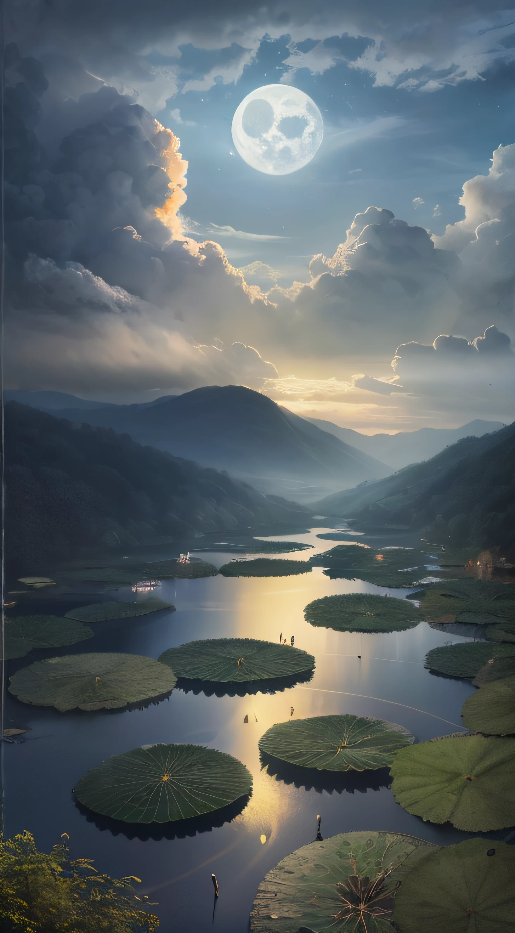 Lotus pond moonlight，Beautiful scene，Layers of mountains，In the clouds，High detail，lightand shade contrast，hyper HD，tmasterpiece，winning artwork，Best quality at best，A high resolution，16k