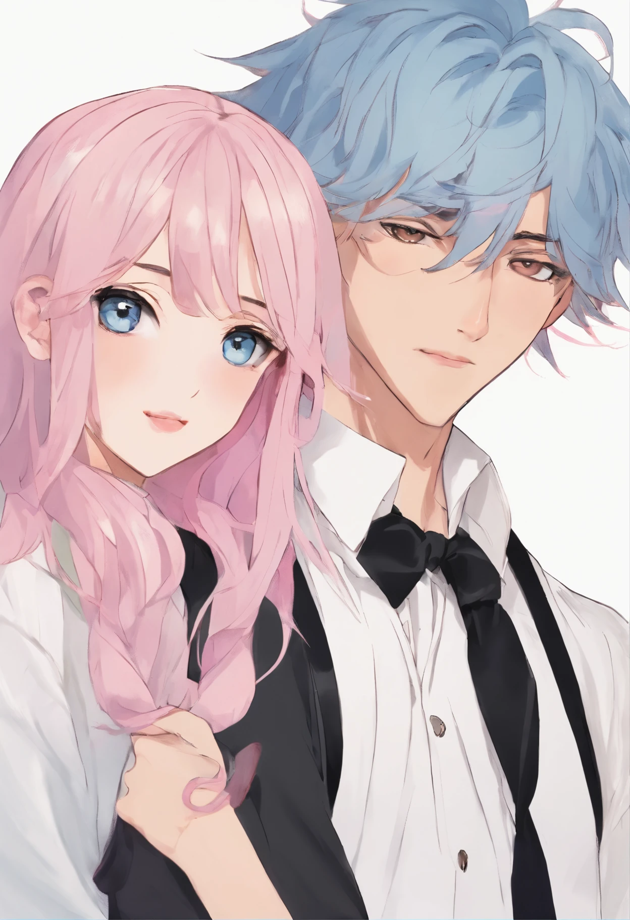 ((Male and female couples)), Idol Photos, Magazine covers, Photos of actors, Professional Photos, Height difference, tall male, Happiness, youthfulness, extra detailed face, detailed punk hair, very detailed character, inspired by Sim Sa-jeong, Cai Xukun's, detailed realistic faces, highly detailed realistic face, high detailed face anime, realistic detailed face, Accurate detailed face, attractive androgynous humanoid, Cool Korean fashion in black and white, ((Man with light blue hair)), ((Woman with pink hair)), ((Woman with long hair below waist)), ((Man with short hair over ears)), ((Pink hair woman with gentle expression)), ((Man with light blue hair with wild expression)), high-level image quality, masterpiece, Photographed so that the whole body can be seen, Photographed to make clothes look beautiful, Take your eyes off, ((two individuals)), ((British couple))