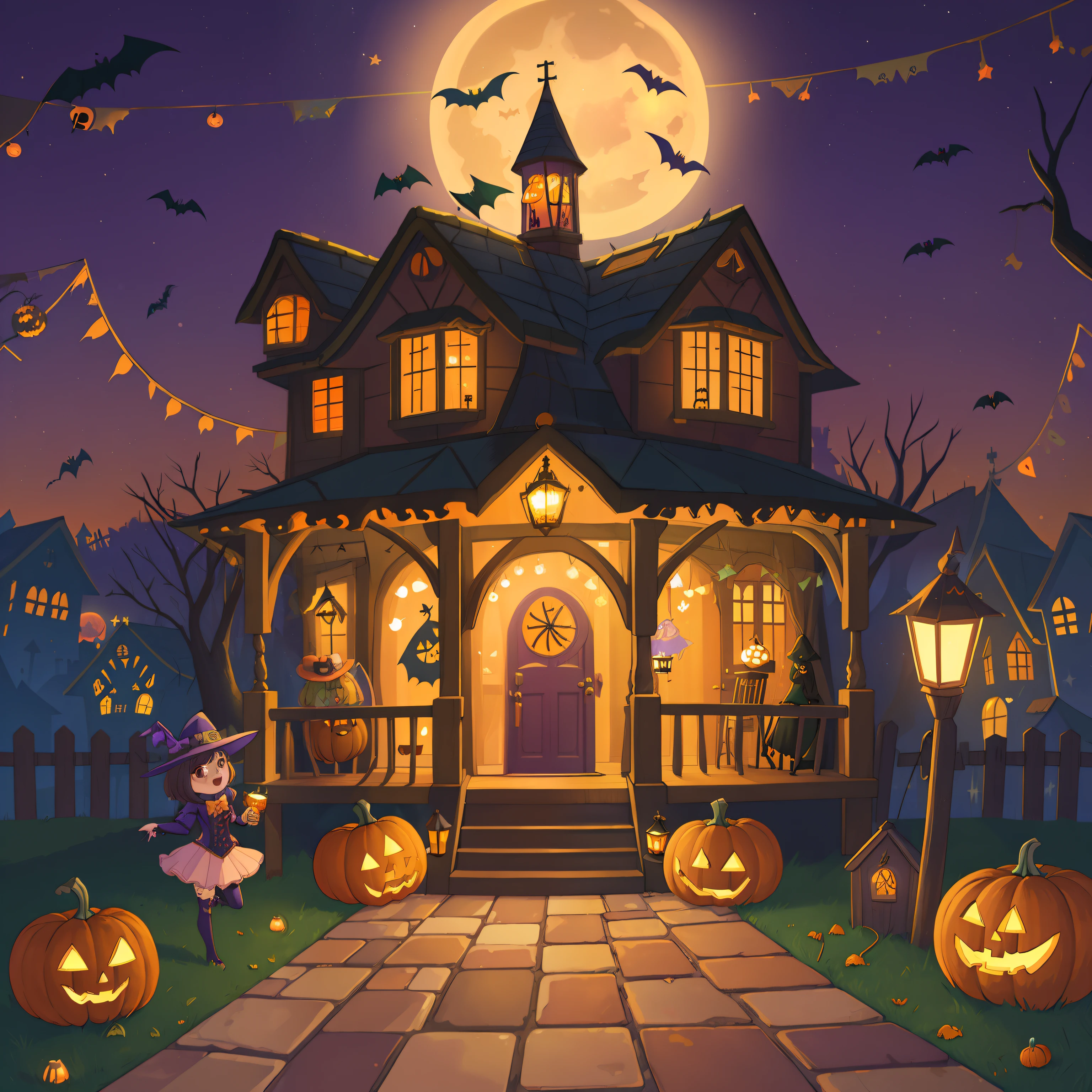 the old witch,holding her old magic wand,standing on n front of his chocolate house, with some candy on the roof,lollipop and pumpkins,fantasy,upscale,4k,variations