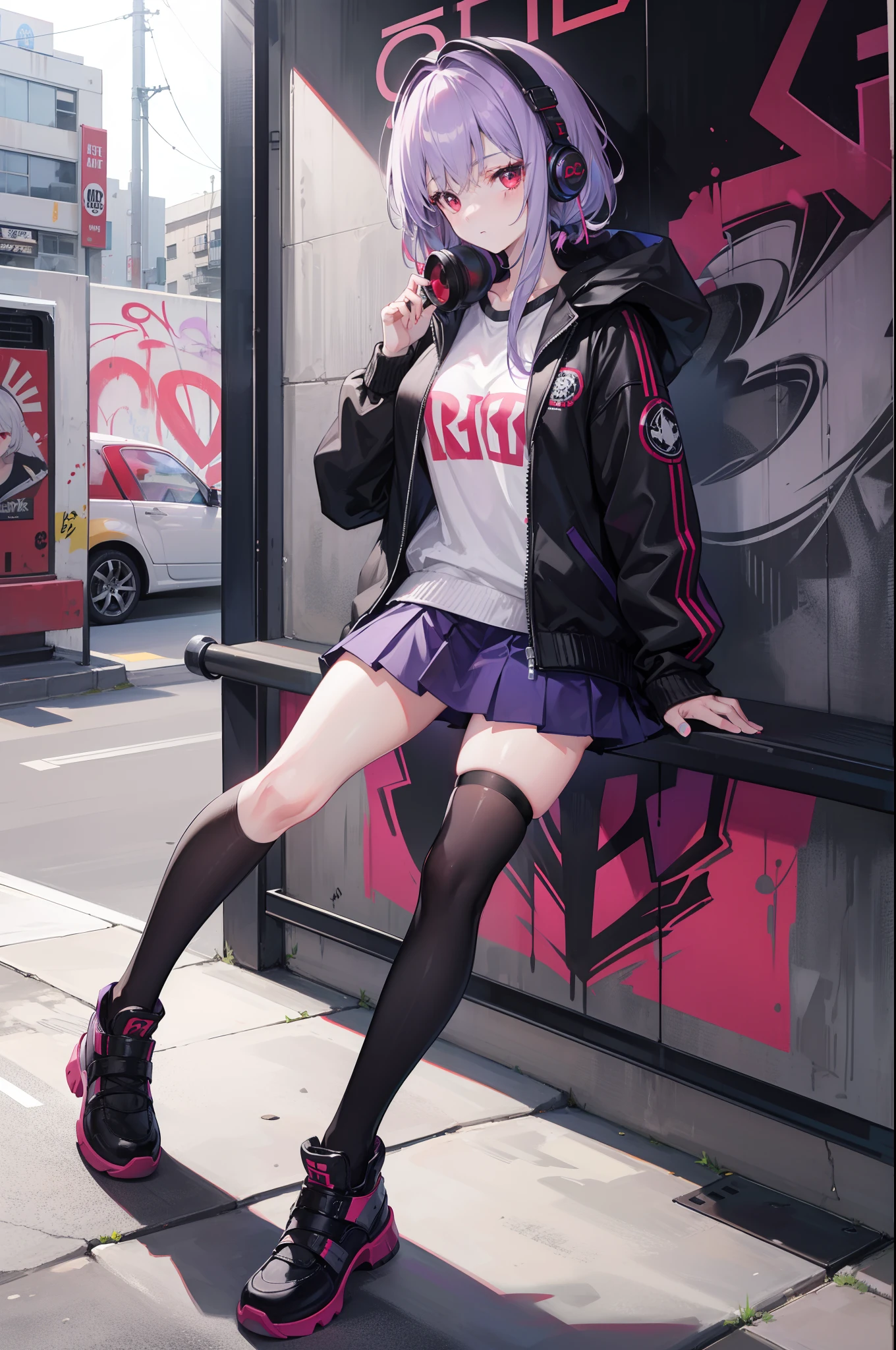 4k画质，Highest high resolution，Gray-purple bangs，Red eyes，20yr old，woman，Graffiti walls，big headphone，street corner，short  skirt，blackstockings，God perspective