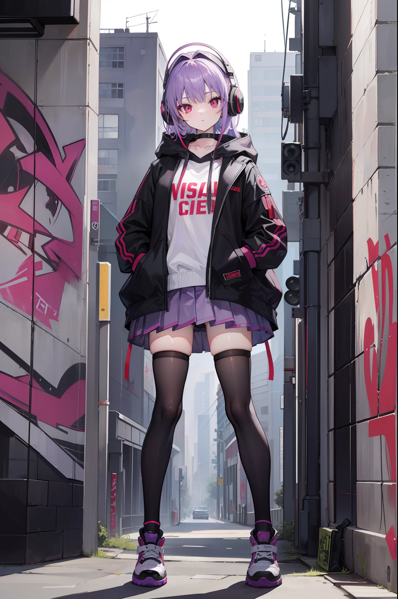4k画质,Highest high resolution,Gray-purple bangs,Red eyes,20yr old,woman,Graffiti walls,big headphone,wide wide shot,street corner,short skirt,blackstockings