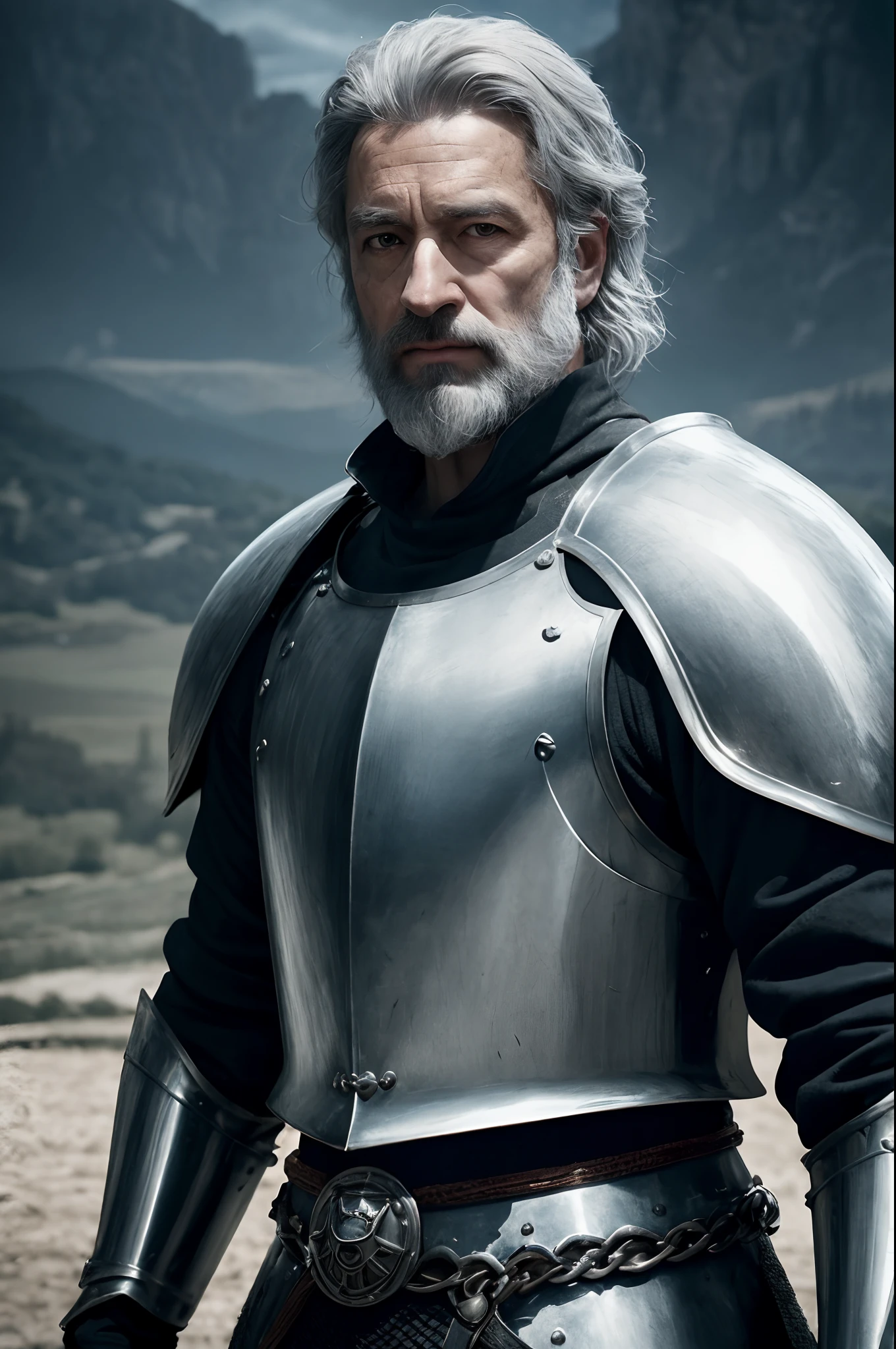 photorealistic, top quality, masterpiece, cinematic composition, slow motion, (medium shot of a medieval knight, sombre and weathered face, beard, grey hair:1.2), chain mail and plate armour, (realistic and detailed|intricate armour:1.1), (visible face:1.3), (photorealistic physiognomy|eyes|iris|skin|musculature, detailed skin, skin texture, natural skin), (holding a sword in his hand:1. 2), frontal perspective, imposing and determined pose, looking forward with determination, skin imperfections, natural skin wrinkles, natural skin spots, highly detailed clothes, abundant details, intricate details, realistic wrinkles in clothing, medieval fantasy landscape, cloudy sky, castle in the background in the distance, radiant lighting, deep shadows, dramatic scene, dark and cool colour palette, blue and grey tones, No other characters in the scene, abundant detail|intricate, detailed landscape, volumetric lighting, (detailed lighting), (detailed light reflections on armour:1. 1), 8k, highly detailed, UHD, HDR, photorealistic facial expression|hairstyle