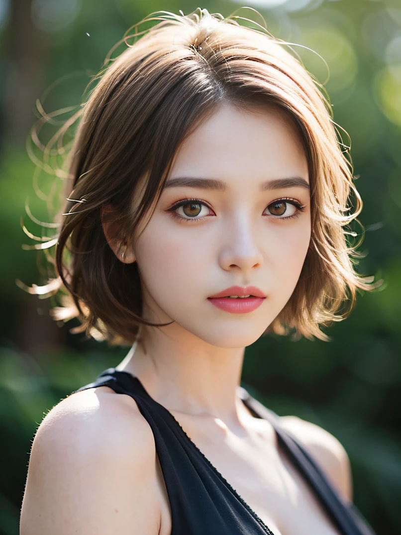Film portrait photography, 1girl, bare shoulders, short hair, gentle, benevolent, gentle gaze, (realistic detailed eyes, natural skin texture, realistic face details), soft dramatic lighting, depth of field, bokeh, vivid details, detail, ultra-realistic, 35mm film, blur