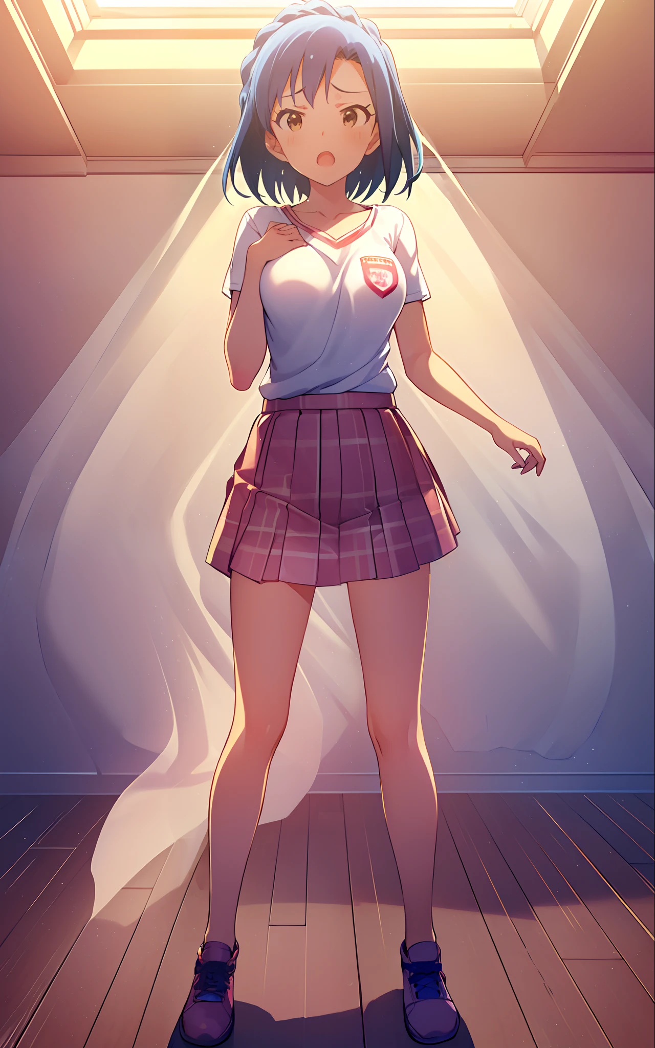 yuriko nanao (million live). Short stature. (((white t-shirts))).(((Skirt))).(((masterpiece))).(((best quality))).((Ultra-detailed))).(((illustratio))).(((a room))).(((make a fist))).(((up chest))).Despair face.(((short-hair))).((big breasts)).((Opening Mouth)).
