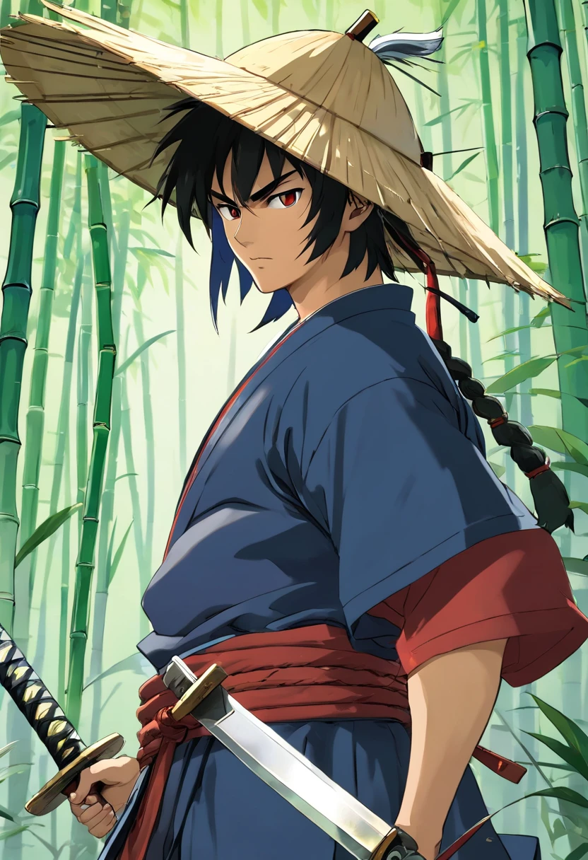 (((um homem samurai com uma espada na cintura))), olhar penetrante, Wearing a bamboo hat, rosto detalhado, jovem, extremamente detalhado, plano geral, estilo anime, colorido, obra prima, 8k