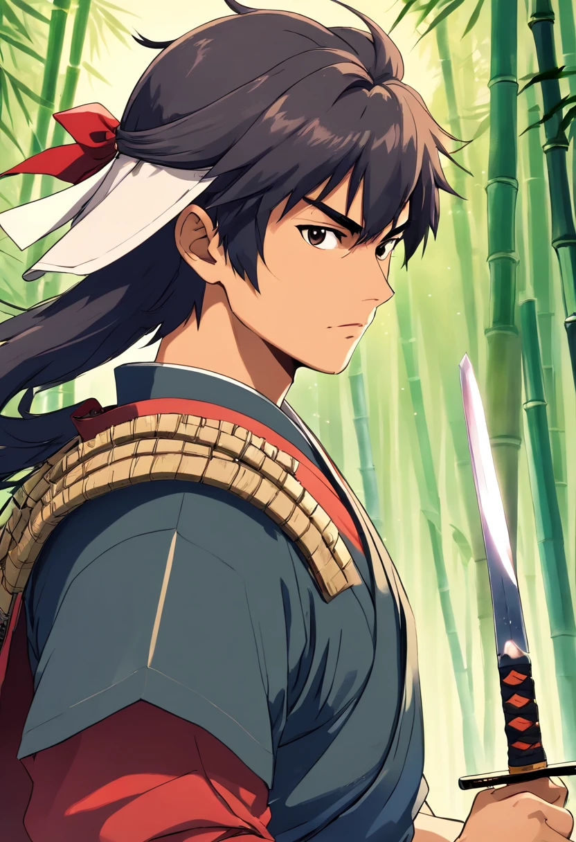 (((um homem samurai com uma espada na cintura))), olhar penetrante, Wearing a bamboo hat, rosto detalhado, jovem, extremamente detalhado, plano geral, estilo anime, colorido, obra prima, 8k