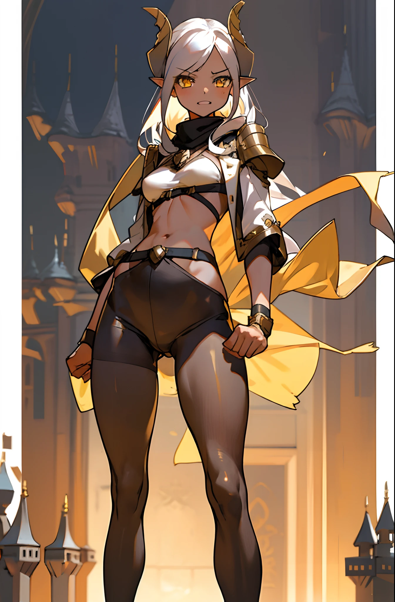 girl, tall,brown skin, hidden arms,long hair, white hair, detailed pretty eyes, yellow eyes,angry face, evil smile, medium boobs, white small shirt, mid waist, abdomen, medium thighs, small gold armor outfit, long black stockings, detailed clothes, masterpiece, hyper realistic, high definition,black horns,black pantyhose,elves ears,yellow scarf,(((standing inside of a castle)))