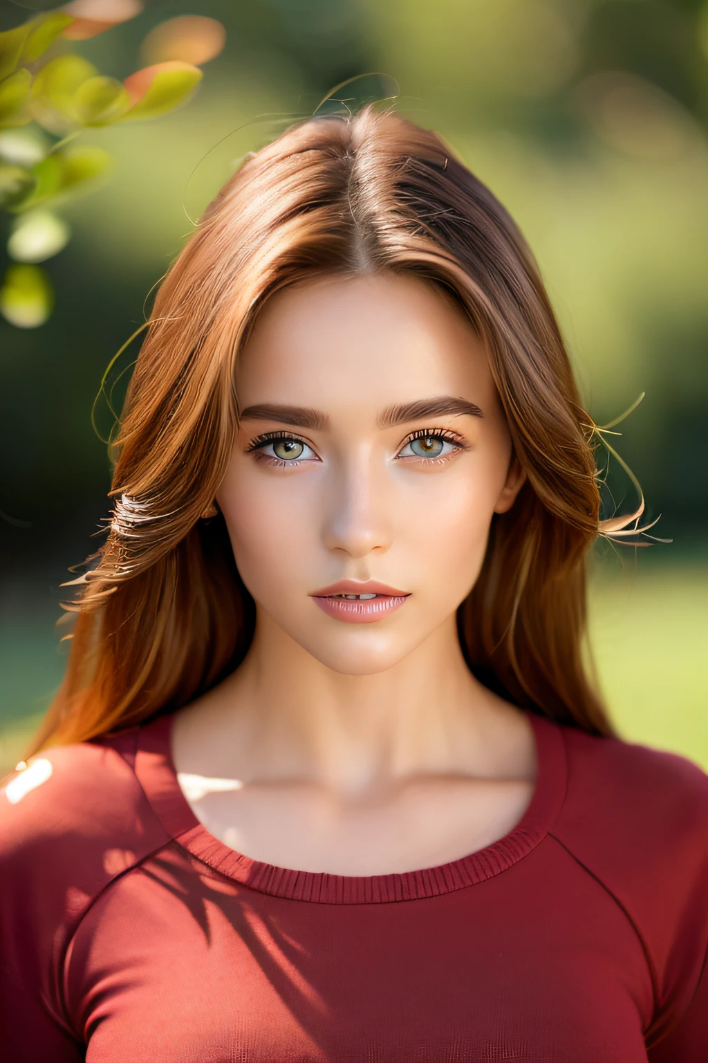 gorgeous woman, 23 Jahre, lange braune Haare und blaue Augen, big boobs, roter Pullover, Schulter und Nacken sind sichtbar, macht Sport, Ganzkörperaufnahme 8 K, beautiful female model, attractive beautiful face, fotorealistisch, Sommersprossen Gesicht, Cinematically beautiful natural skin, beautiful model girl, guckt direkt in die Kamera, RAW Fotografie sehr realistisch