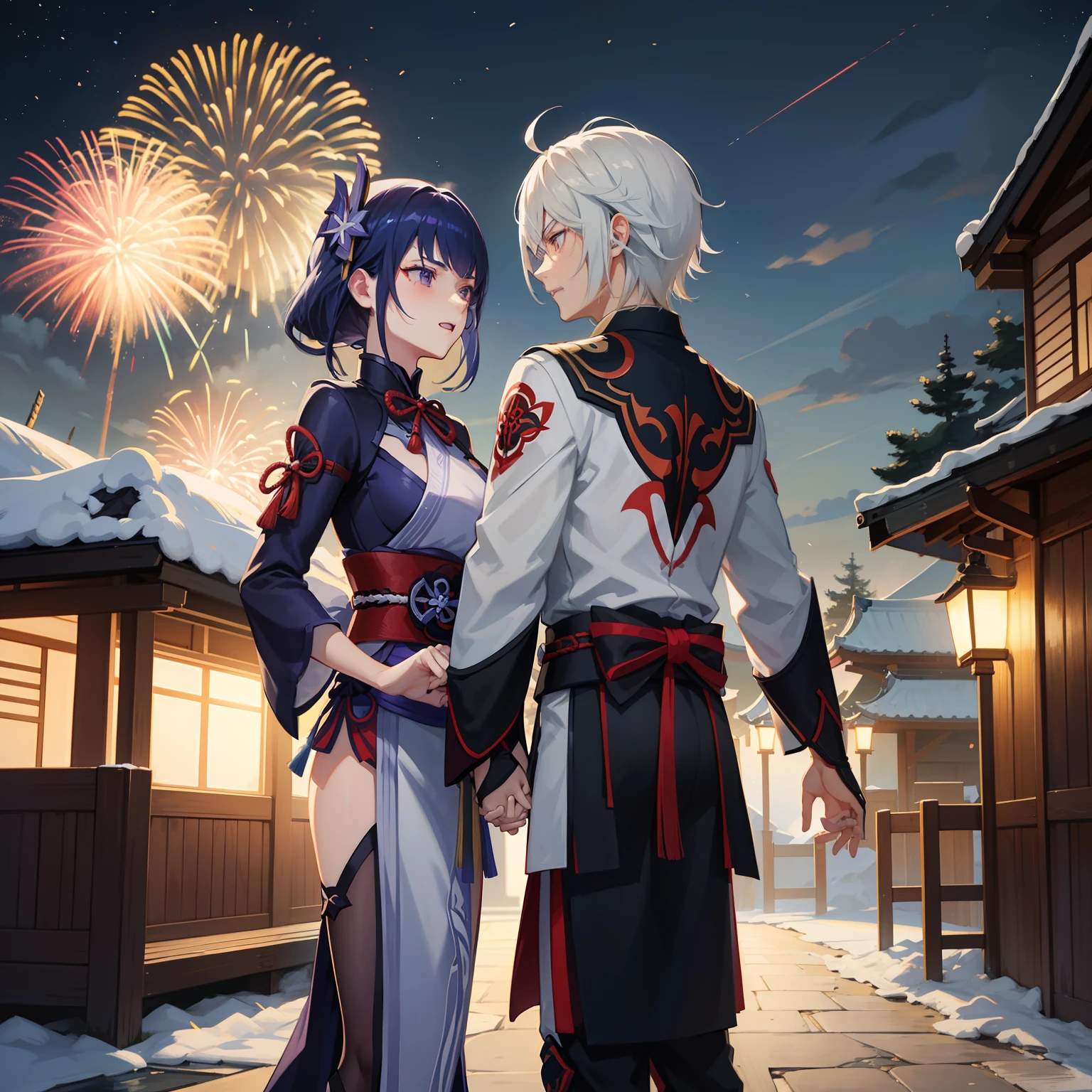 Raiden Shogun, Yoimiya, Genshin Impact, hold hands, night, seeing fireworks.