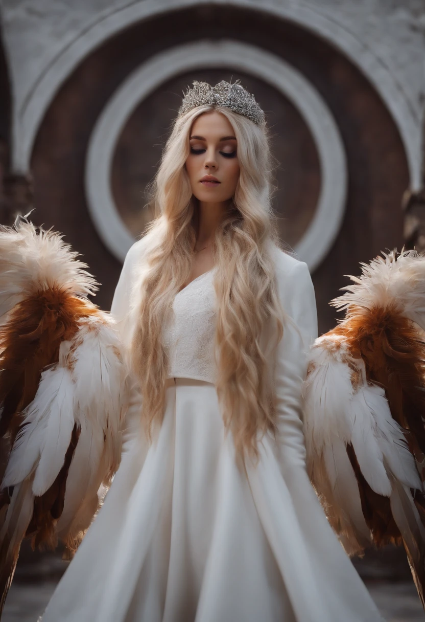 girlfriend shy, head up, white, coat, holiness, temple, feathers, white skin