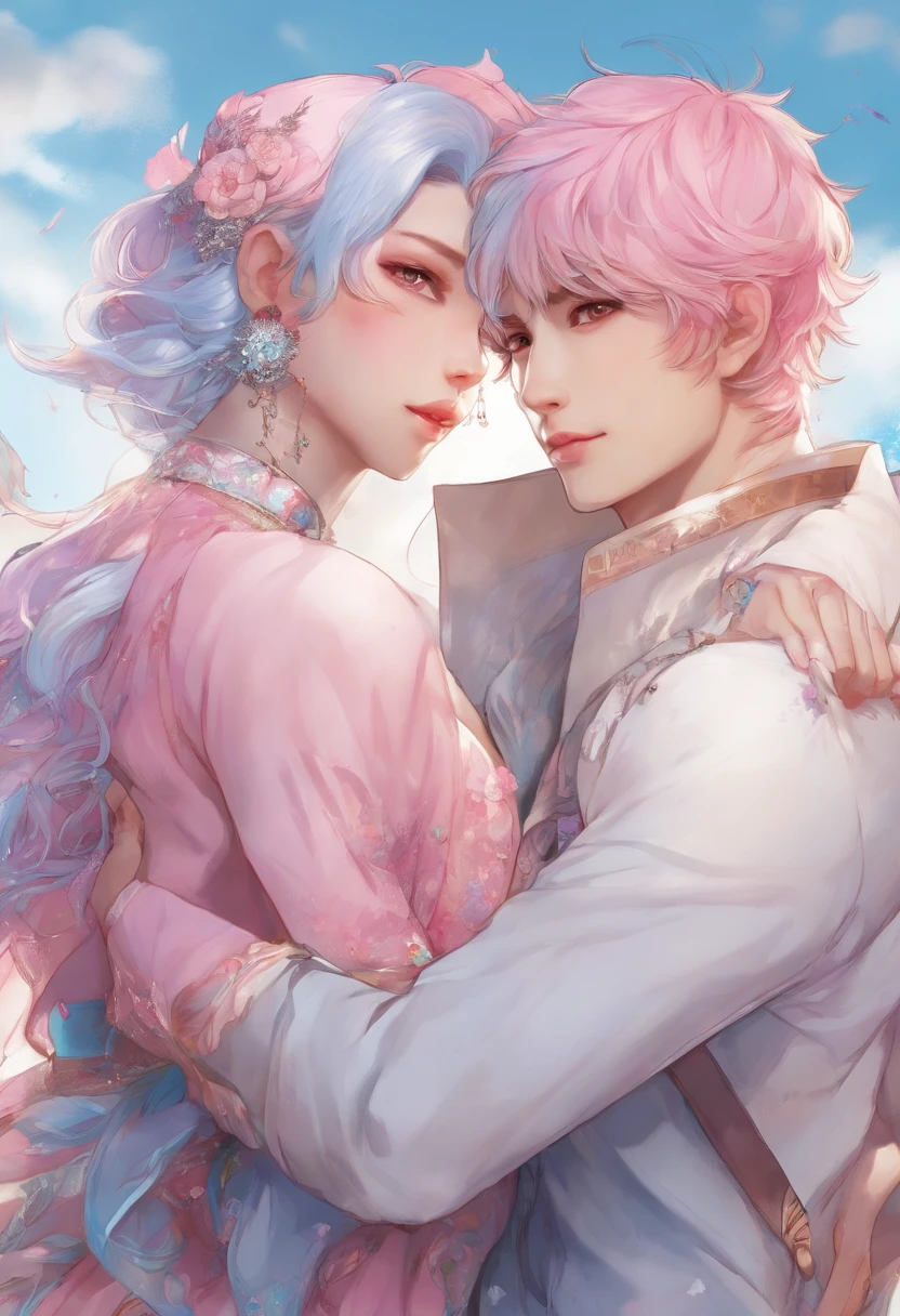 ((Male and female couples)), Idol Photos, Magazine covers, Photos of actors, Professional Photos, Height difference, tall male, Happiness, youthfulness, extra detailed face, detailed punk hair, very detailed character, inspired by Sim Sa-jeong, Cai Xukun's, detailed realistic faces, highly detailed realistic face, high detailed face anime, realistic detailed face, Accurate detailed face, attractive androgynous humanoid, Cool Korean fashion in black and white, ((Man with light blue hair)), ((Woman with pink hair)), ((Woman with long hair below waist)), ((Man with short hair over ears)), ((Pink hair woman with gentle expression)), ((Man with light blue hair with wild expression)), high-level image quality, masterpiece, Photographed so that the whole body can be seen, Photographed to make clothes look beautiful, Take your eyes off, ((two individuals)), ((British couple))
