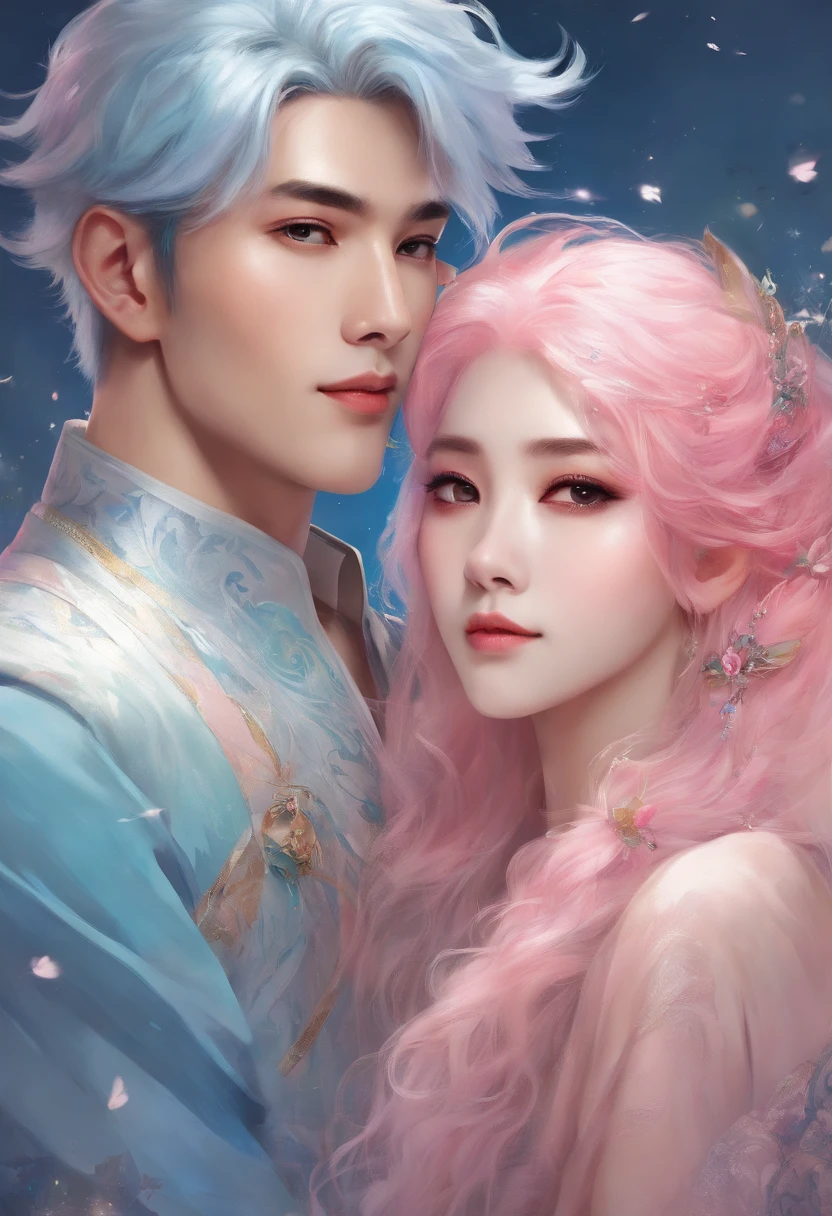 ((Male and female couples)), Idol Photos, Magazine covers, Photos of actors, Professional Photos, Height difference, tall male, Happiness, youthfulness, extra detailed face, detailed punk hair, very detailed character, inspired by Sim Sa-jeong, Cai Xukun's, detailed realistic faces, highly detailed realistic face, high detailed face anime, realistic detailed face, Accurate detailed face, attractive androgynous humanoid, Cool Korean fashion in black and white, ((Man with light blue hair)), ((Woman with pink hair)), ((Woman with long hair below waist)), ((Man with short hair over ears)), ((Pink hair woman with gentle expression)), ((Man with light blue hair with wild expression)), high-level image quality, masterpiece, Photographed so that the whole body can be seen, Photographed to make clothes look beautiful, Take your eyes off, ((two individuals)), ((British couple))