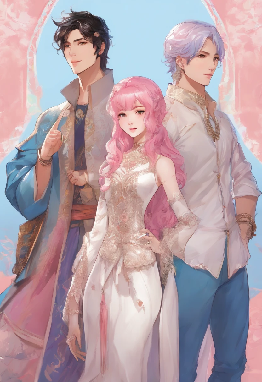 ((Male and female couples)), Idol Photos, Magazine covers, Photos of actors, Professional Photos, Height difference, tall male, Happiness, youthfulness, extra detailed face, detailed punk hair, very detailed character, inspired by Sim Sa-jeong, Cai Xukun's, detailed realistic faces, highly detailed realistic face, high detailed face anime, realistic detailed face, Accurate detailed face, attractive androgynous humanoid, Cool Korean fashion in black and white, ((Man with light blue hair)), ((Woman with pink hair)), ((Woman with long hair below waist)), ((Man with short hair over ears)), ((Pink hair woman with gentle expression)), ((Man with light blue hair with wild expression)), high-level image quality, masterpiece, Photographed so that the whole body can be seen, Photographed to make clothes look beautiful, Take your eyes off, ((two individuals)), ((British couple))