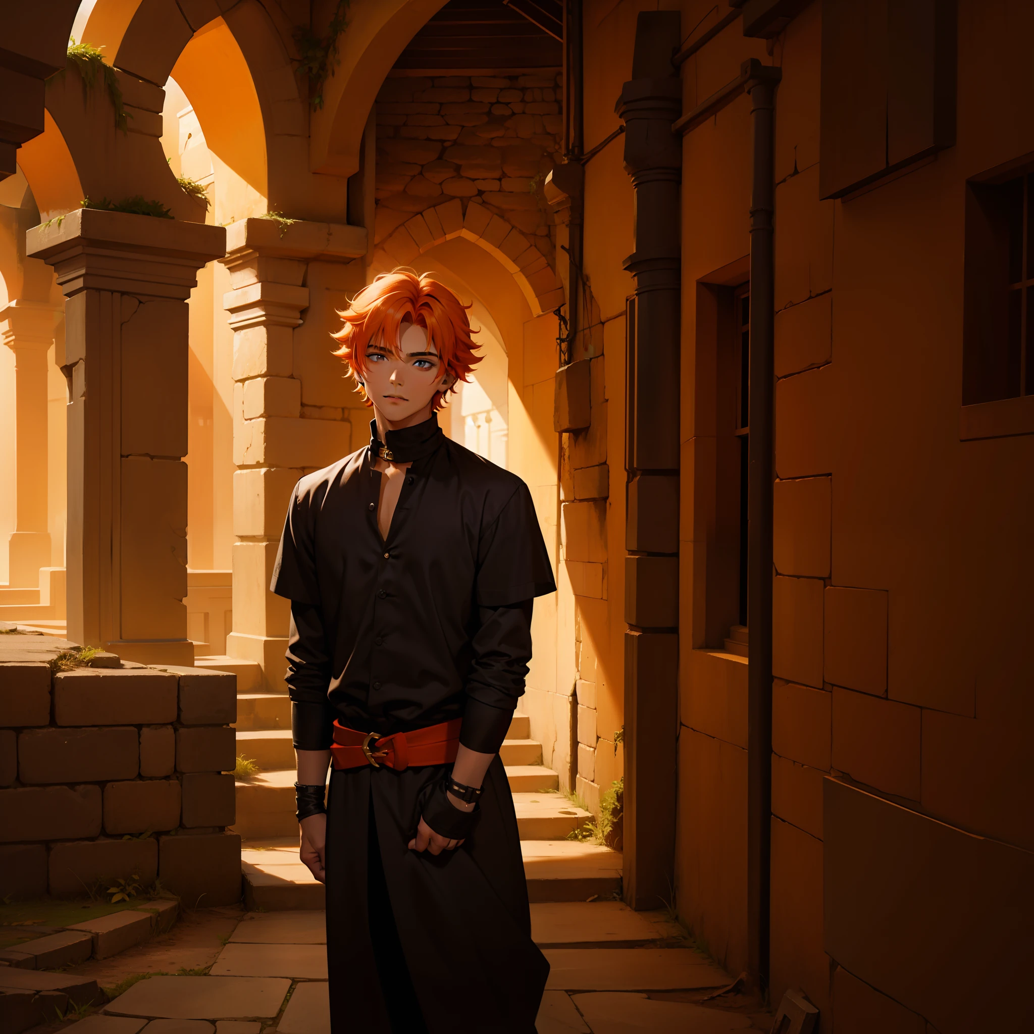 un chico de cabello naranja esta desmayado en unas ruinas de sumeria, He is 15 years old wears black and orange