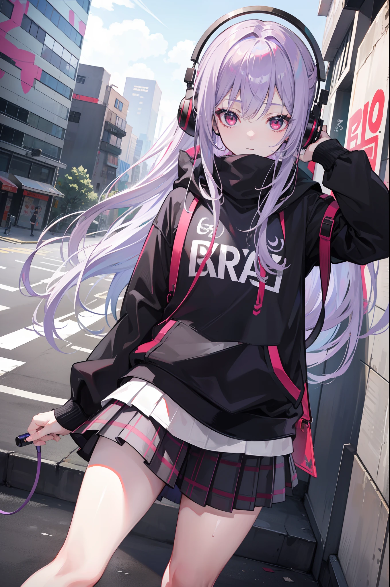 4k画质，Highest high resolution，Gray-purple bangs，Red eyes，20yr old，woman，Graffiti walls，big headphone，street corner，short  skirt，blackstockings，God perspective，Clear face，Detailed eyes，