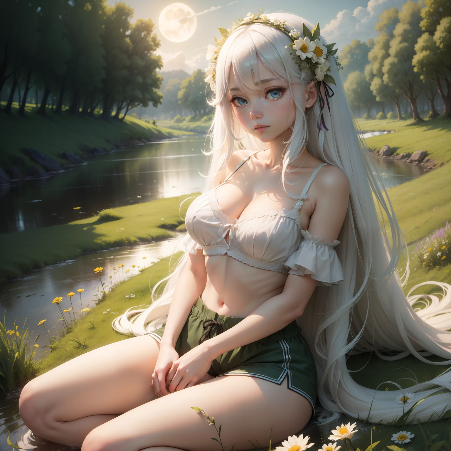 (masterpiece, top quality), one girl with long white hair sitting in a field of green plants and flowers, warm moonlight, blurry foreground, , river bank, bra shorts, odd eyes