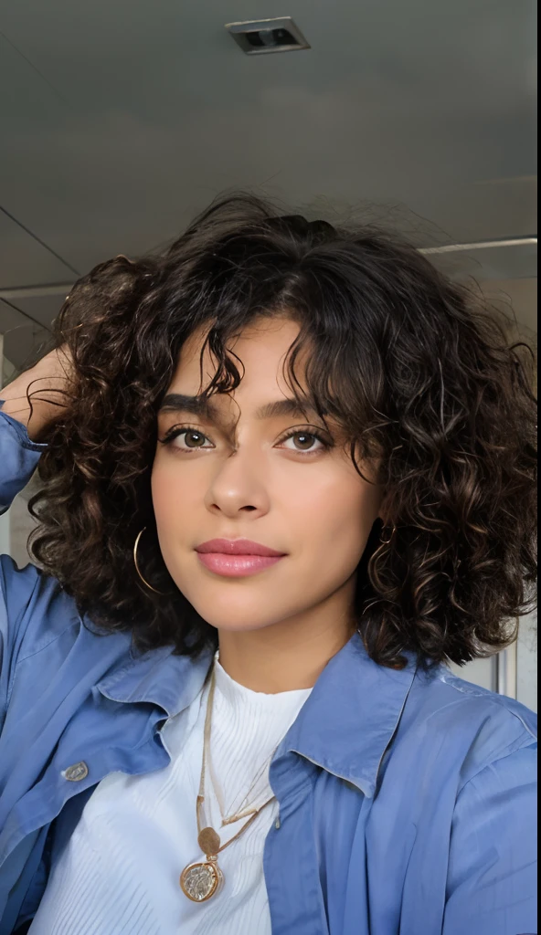An urban adult female with a messy layered bob of long and curly brown hair, warm brown eyes reflecting compassion and kindness. Her self-assured demeanor and graceful figure exude elegance as she stands before an impressive urban white shirt and blue jeans, Clad in a sophisticated dark brown office frock and gladiator heels, she remains resolute in the face of an apocalyptic wind and weather. The photorealistic image captures her captivating presence amidst the chaos, and the sparkling eyes draw viewers into the compelling visual narrative of strength and determination , mixed race , smiling , looking away , 18 years old .